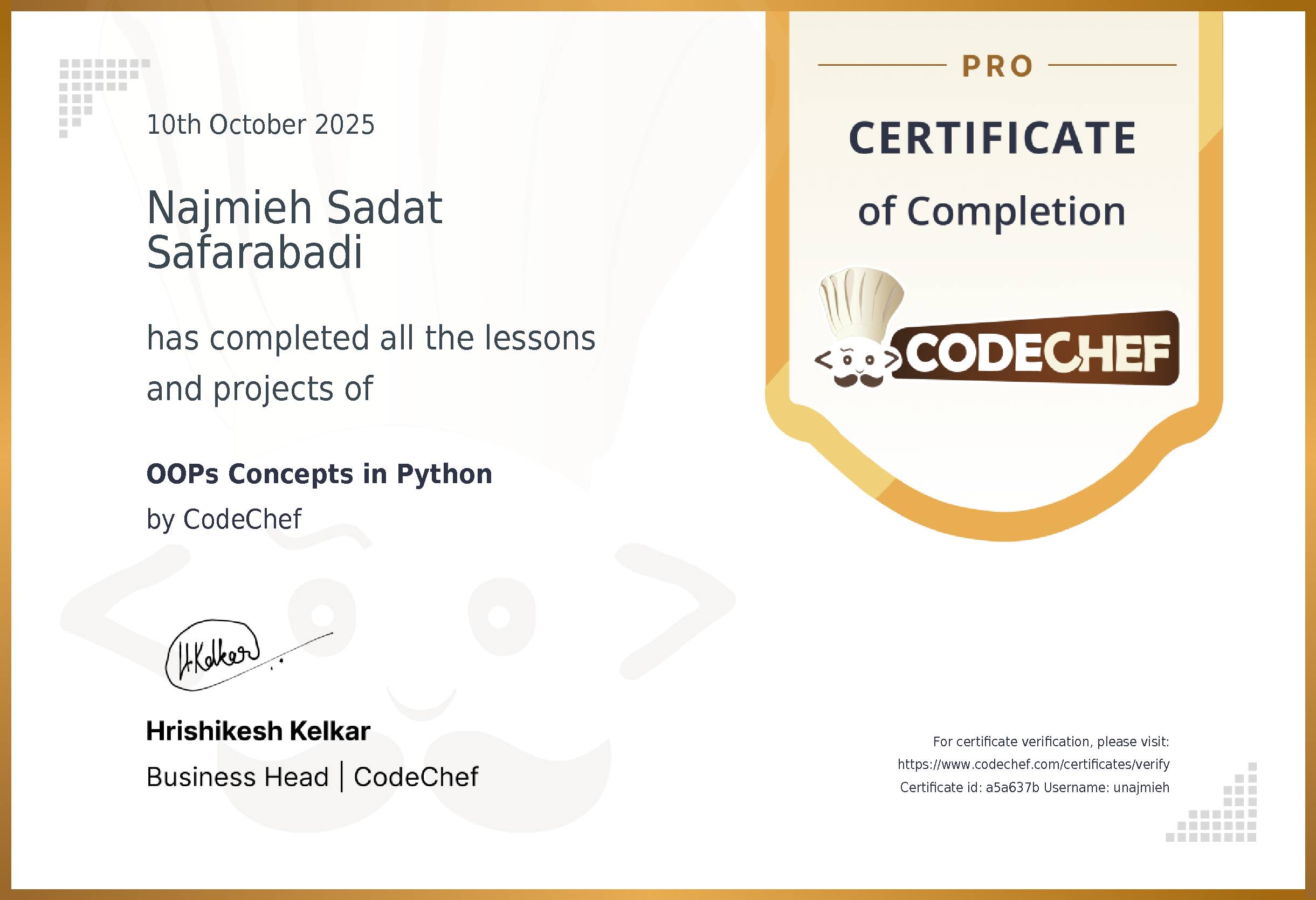 Awarded to Najmieh Sadat Safarabadi for completing <a href='/learn/course/oops-concepts-in-python'>OOPS Concepts in Python</a>
