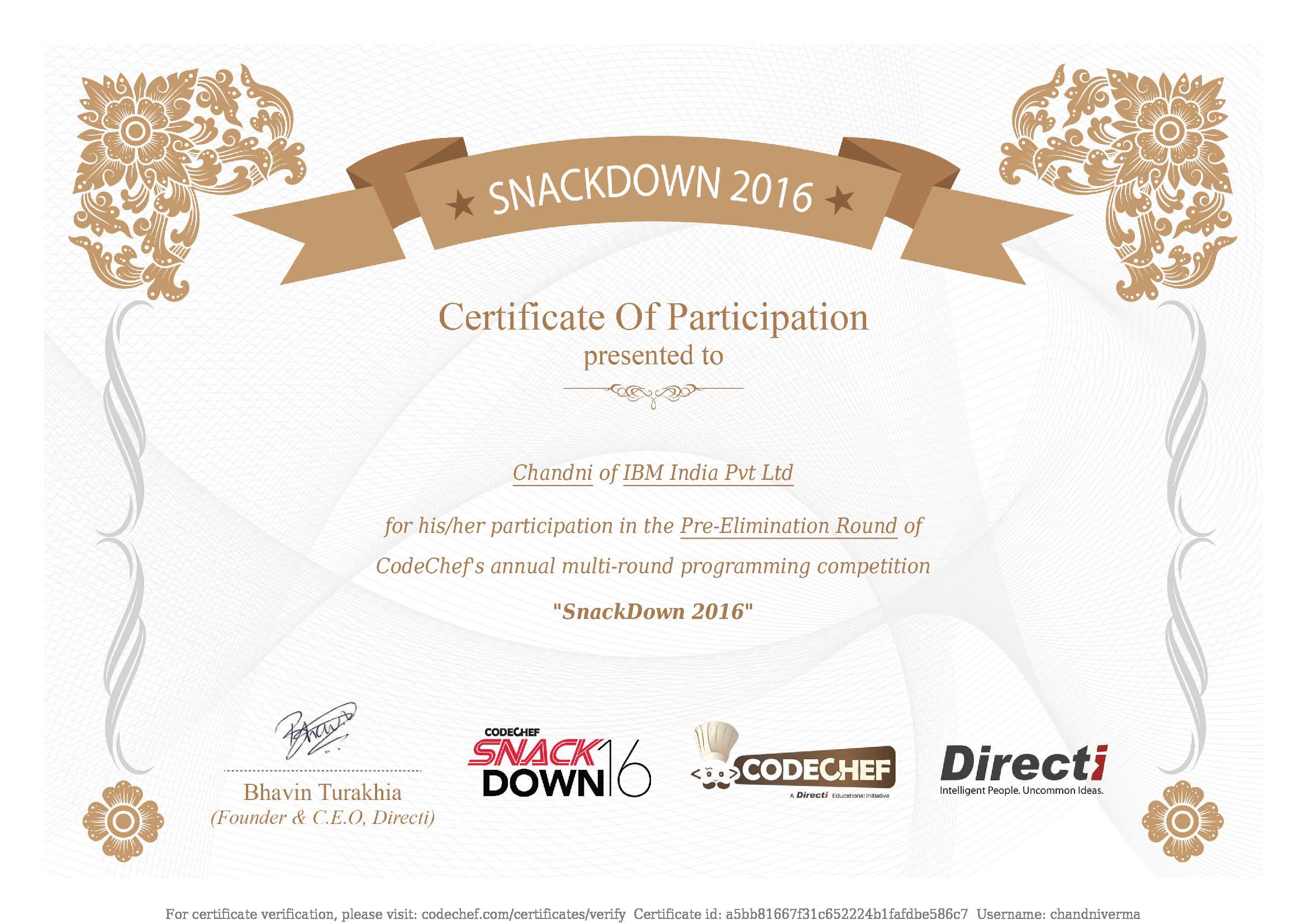 Awarded to Chandni