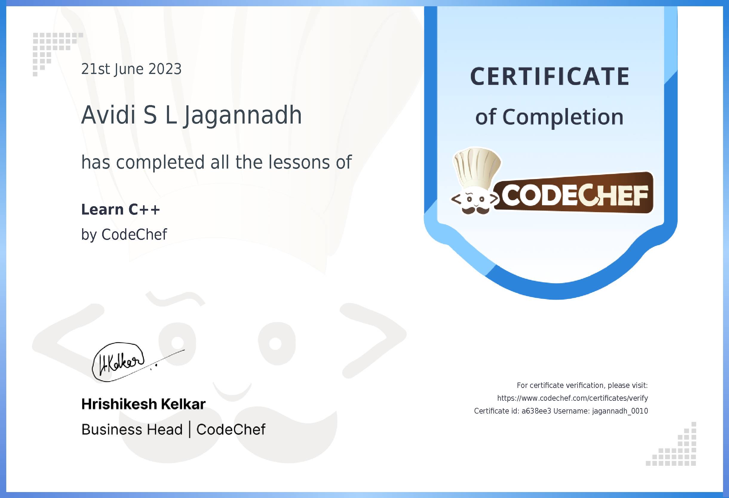 Awarded to Avidi S L Jagannadh for completing <a href='/learn/course/cpp'>Learn C++</a>