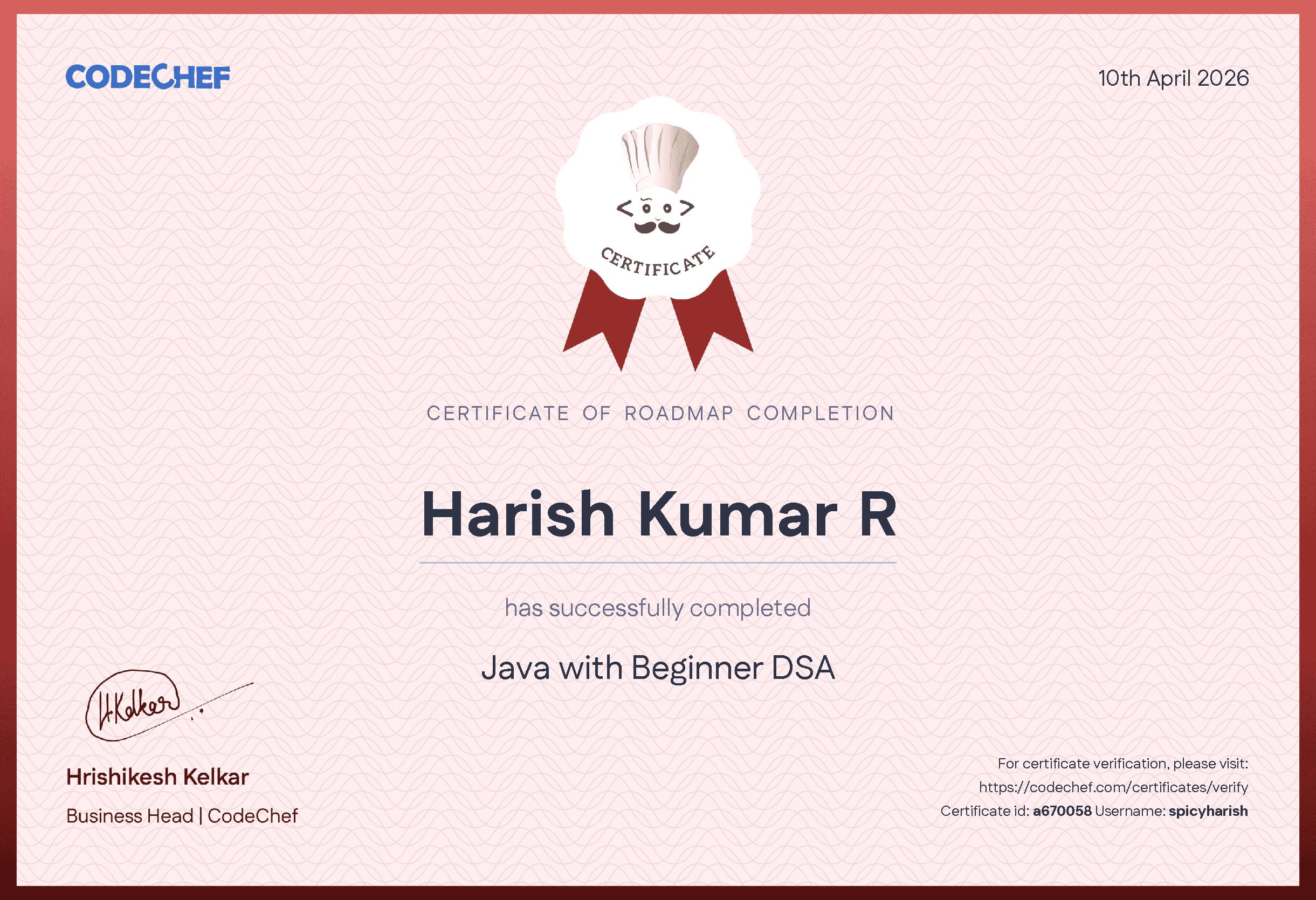 Awarded to Harish Kumar R