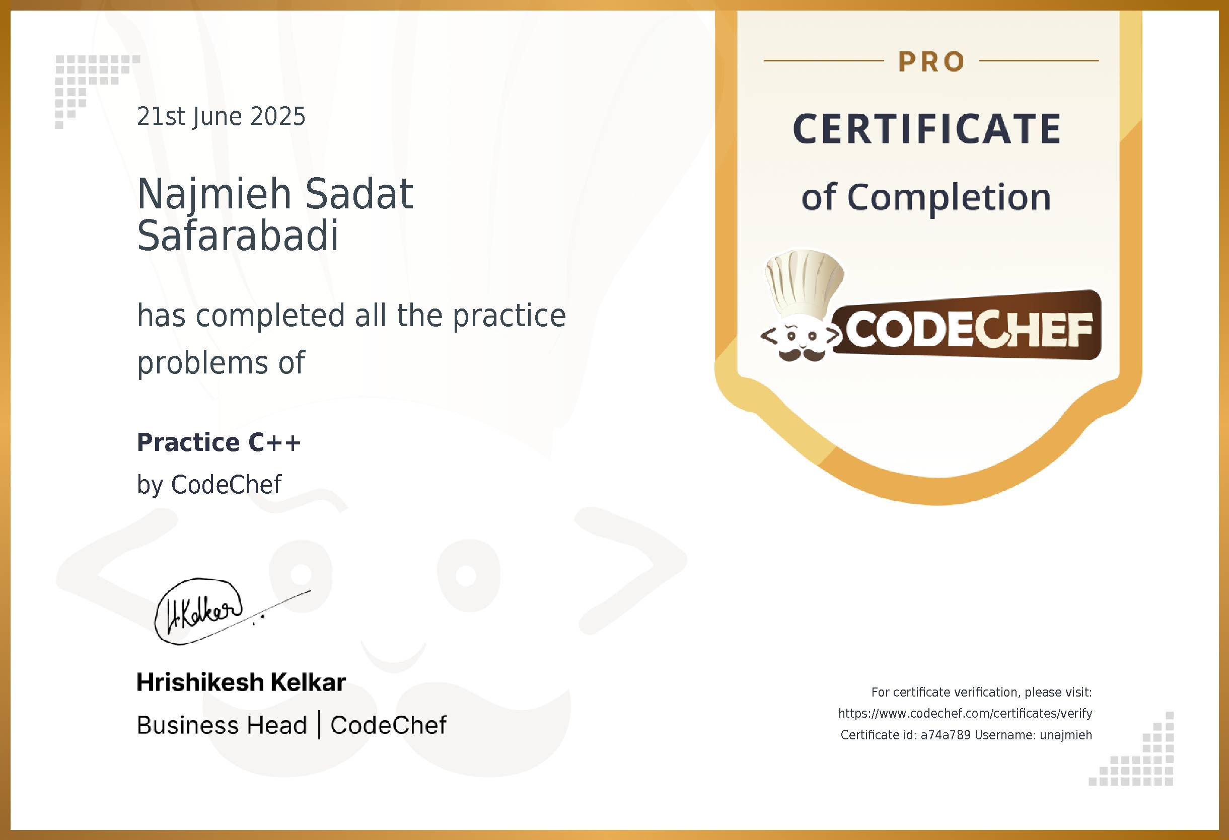 Awarded to Najmieh Sadat Safarabadi for completing <a href='/practice/cpp'>Practice C++</a>