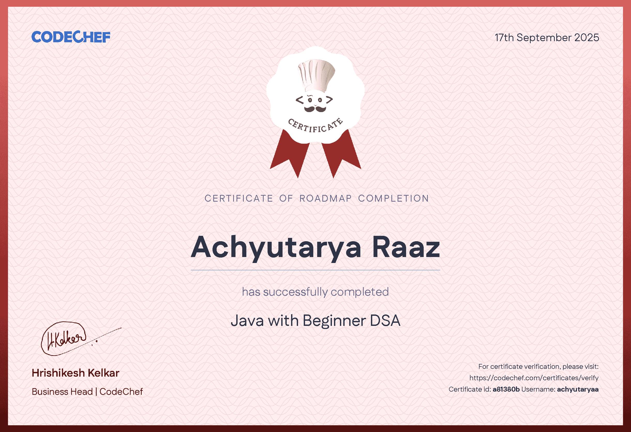 Awarded to Achyutarya Raaz