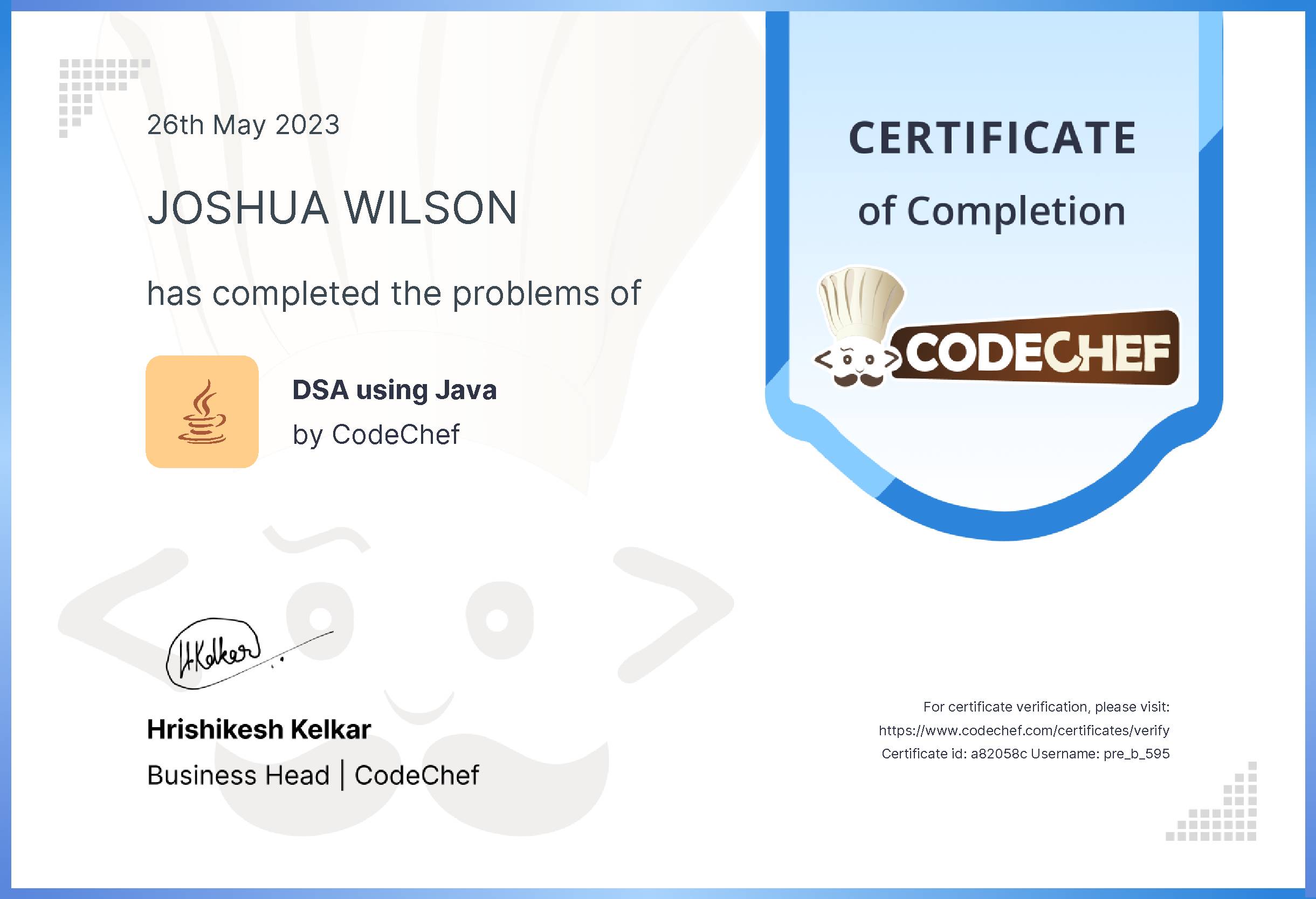 Awarded to JOSHUA WILSON