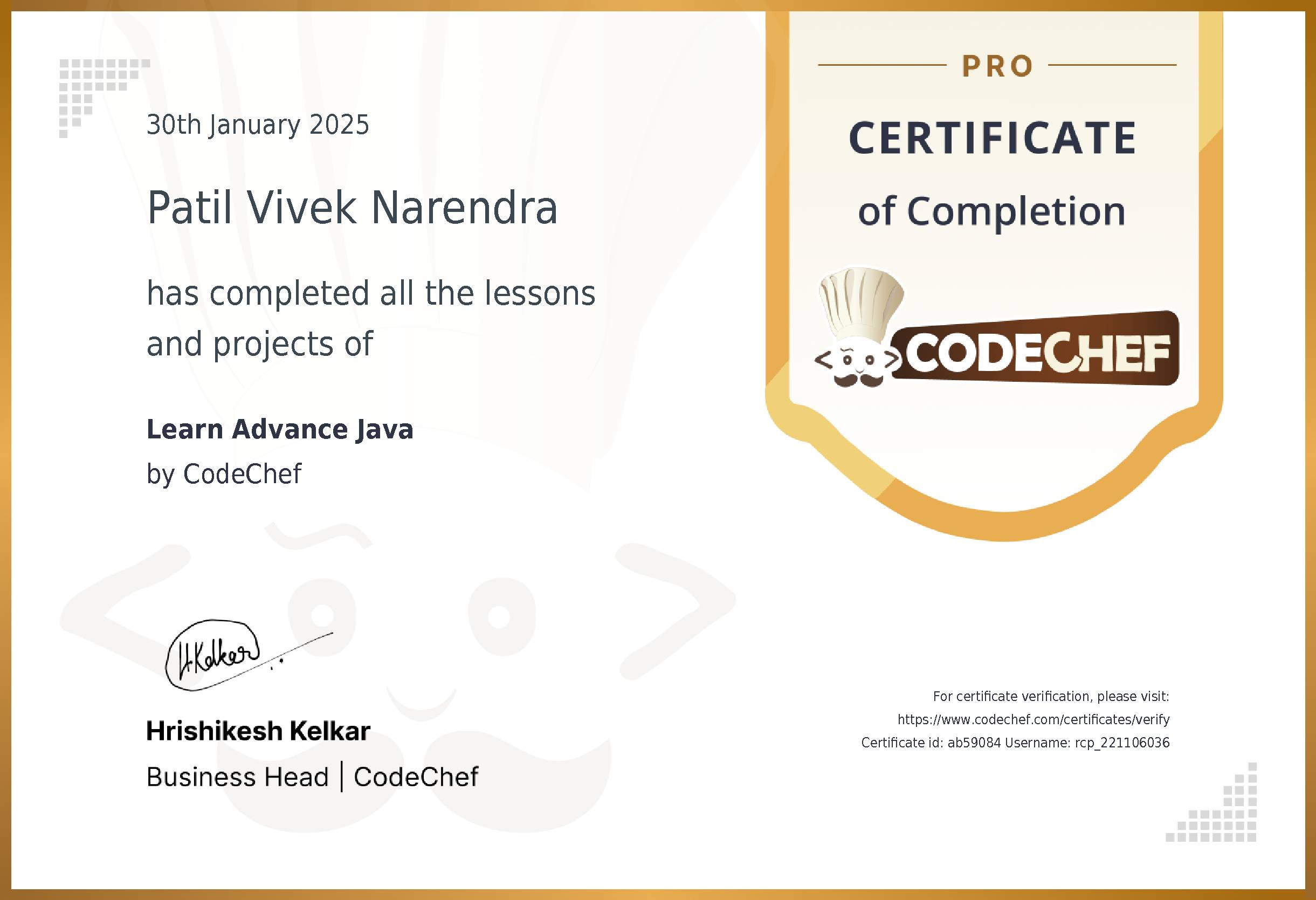 Awarded to Patil Vivek Narendra for completing <a href='/learn/course/rcpit-advance-java'>Learn Advance Java</a>