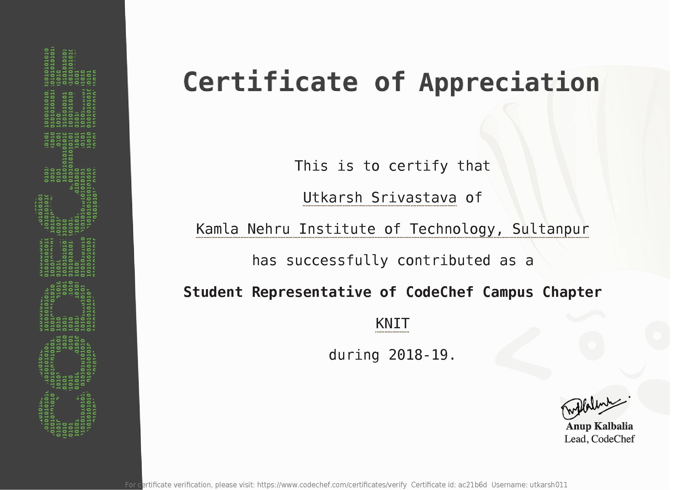 Awarded to Utkarsh Srivastava