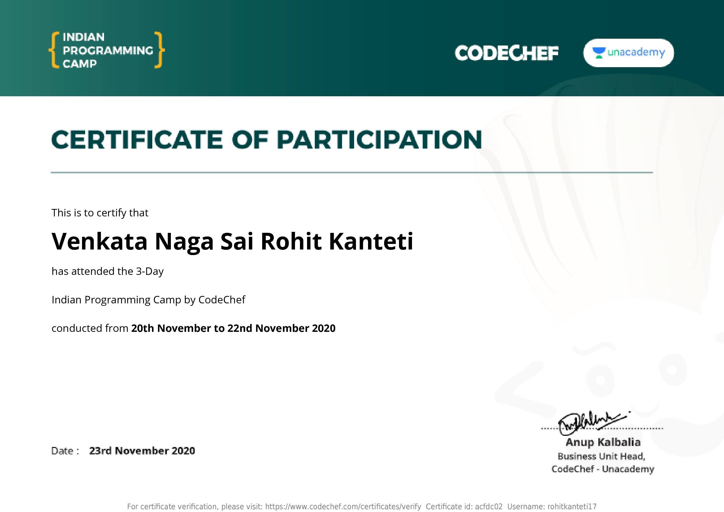 Awarded to Venkata Naga Sai Rohit Kanteti