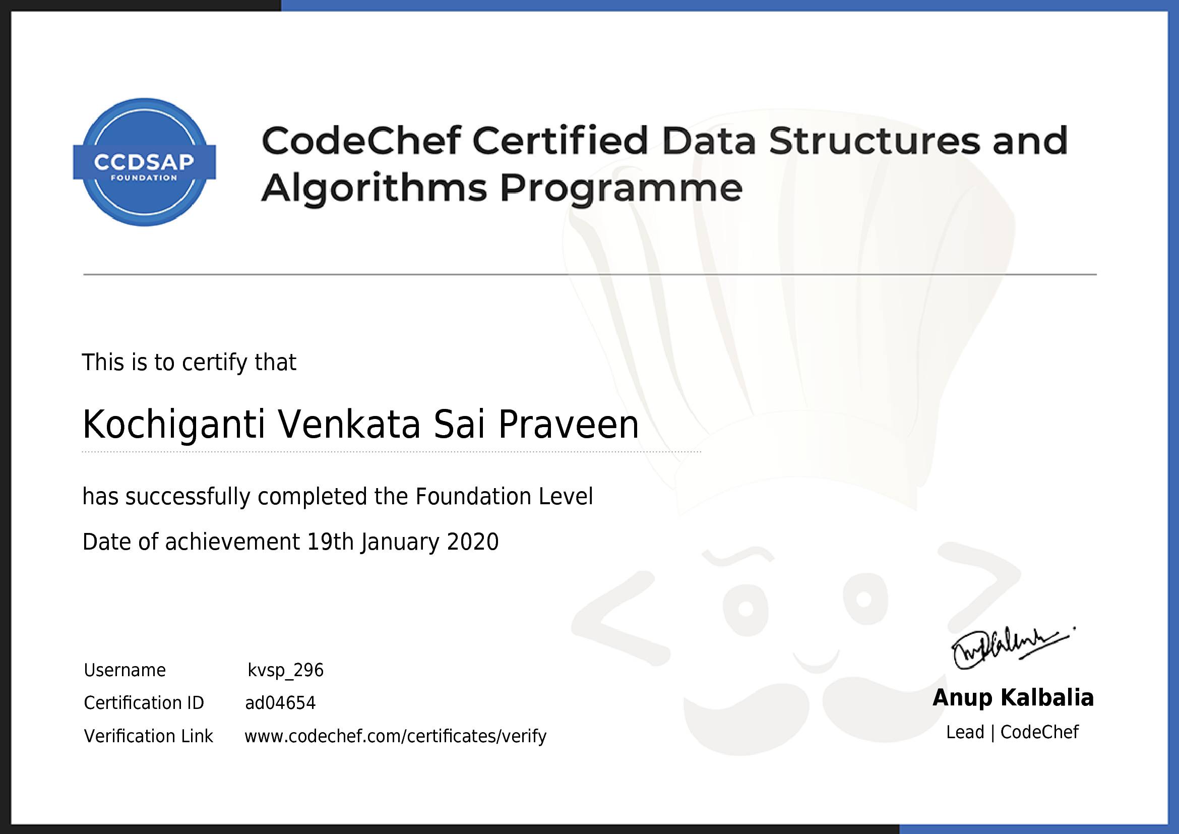 Awarded to Kochiganti Venkata Sai Praveen