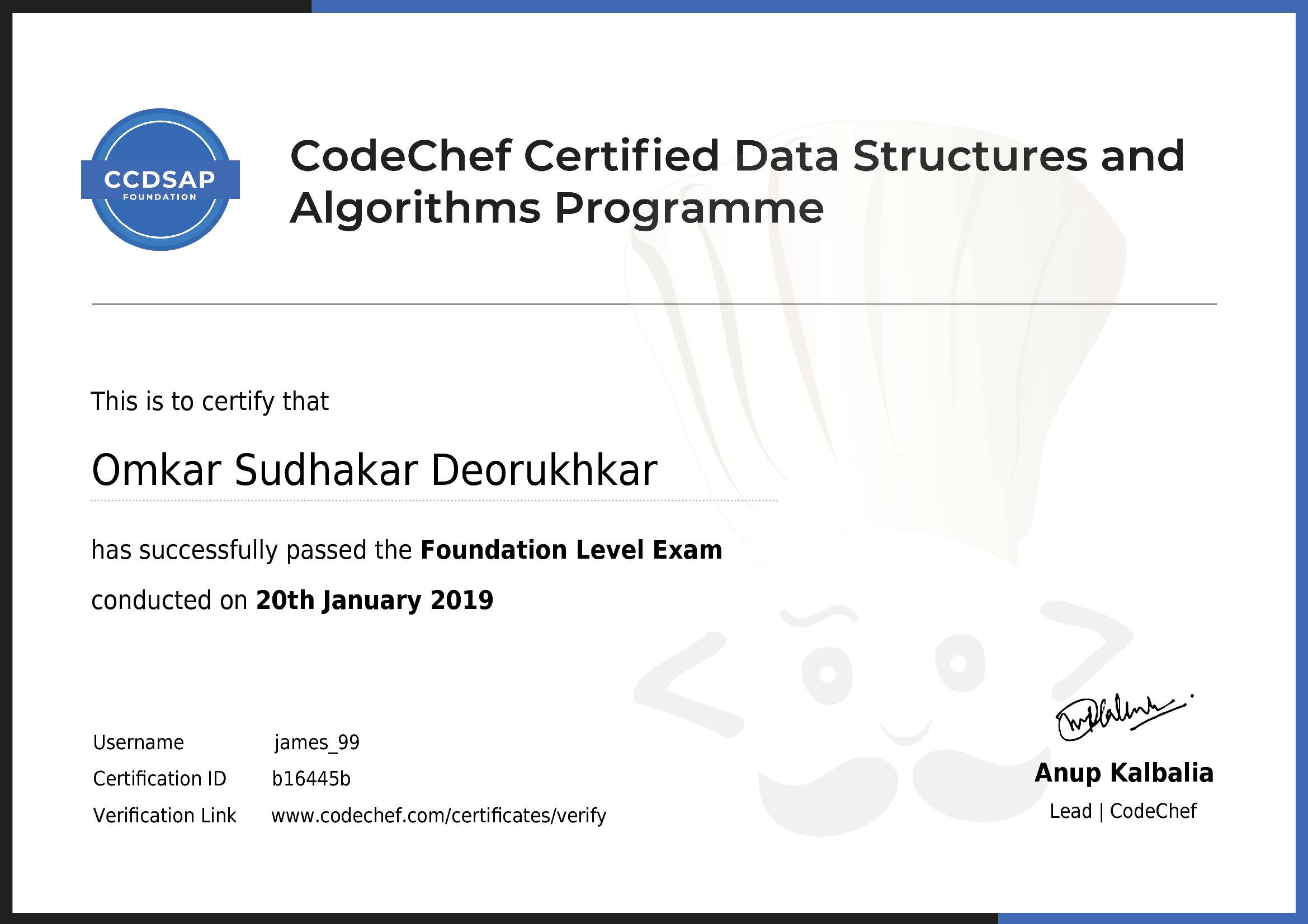 Awarded to Omkar Sudhakar Deorukhkar