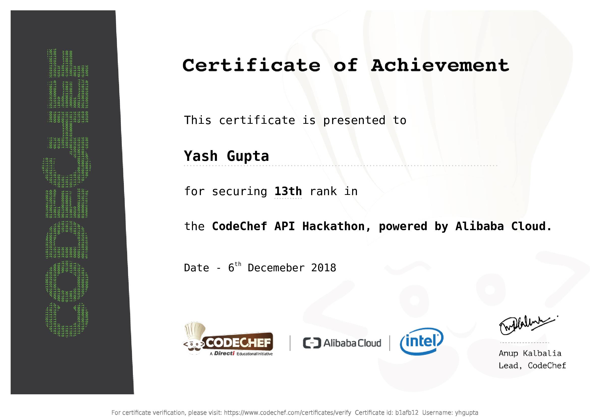 Awarded to Yash Gupta