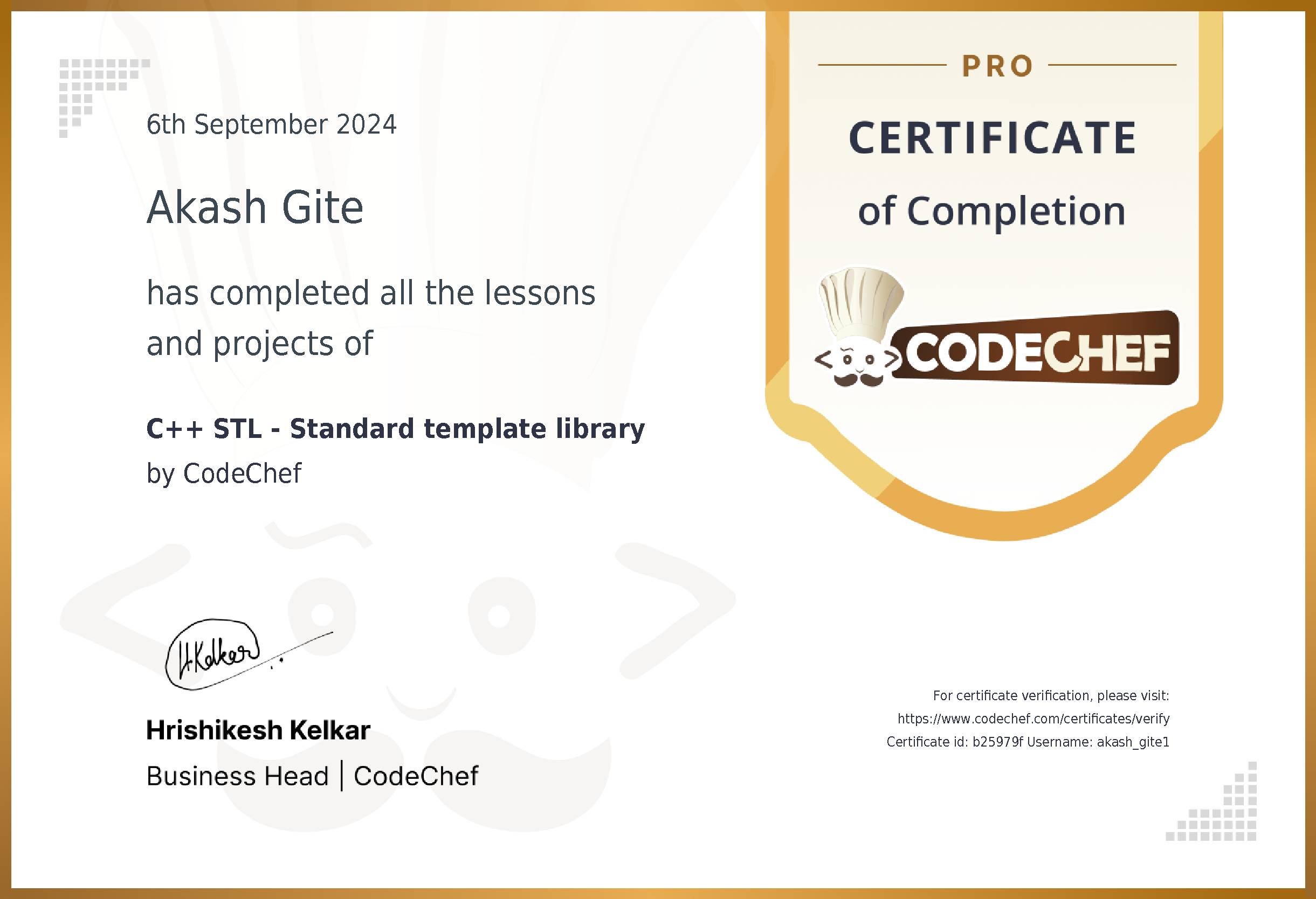 Awarded to Akash Gite for completing <a href='/learn/course/cpp-stl'>C++ STL - Standard template library</a>