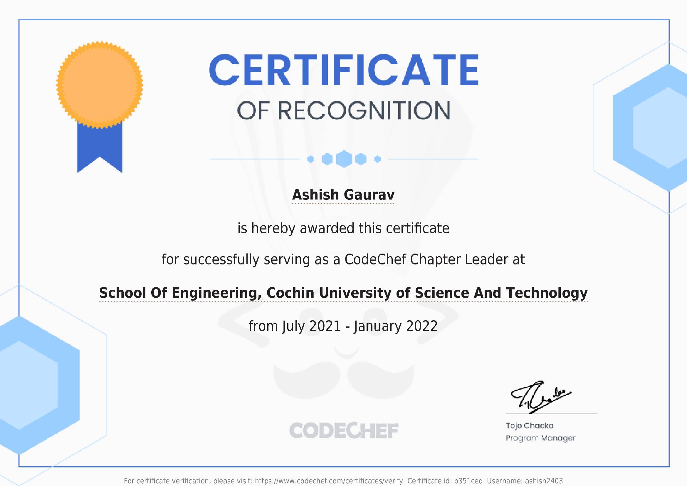 Awarded to Ashish Gaurav