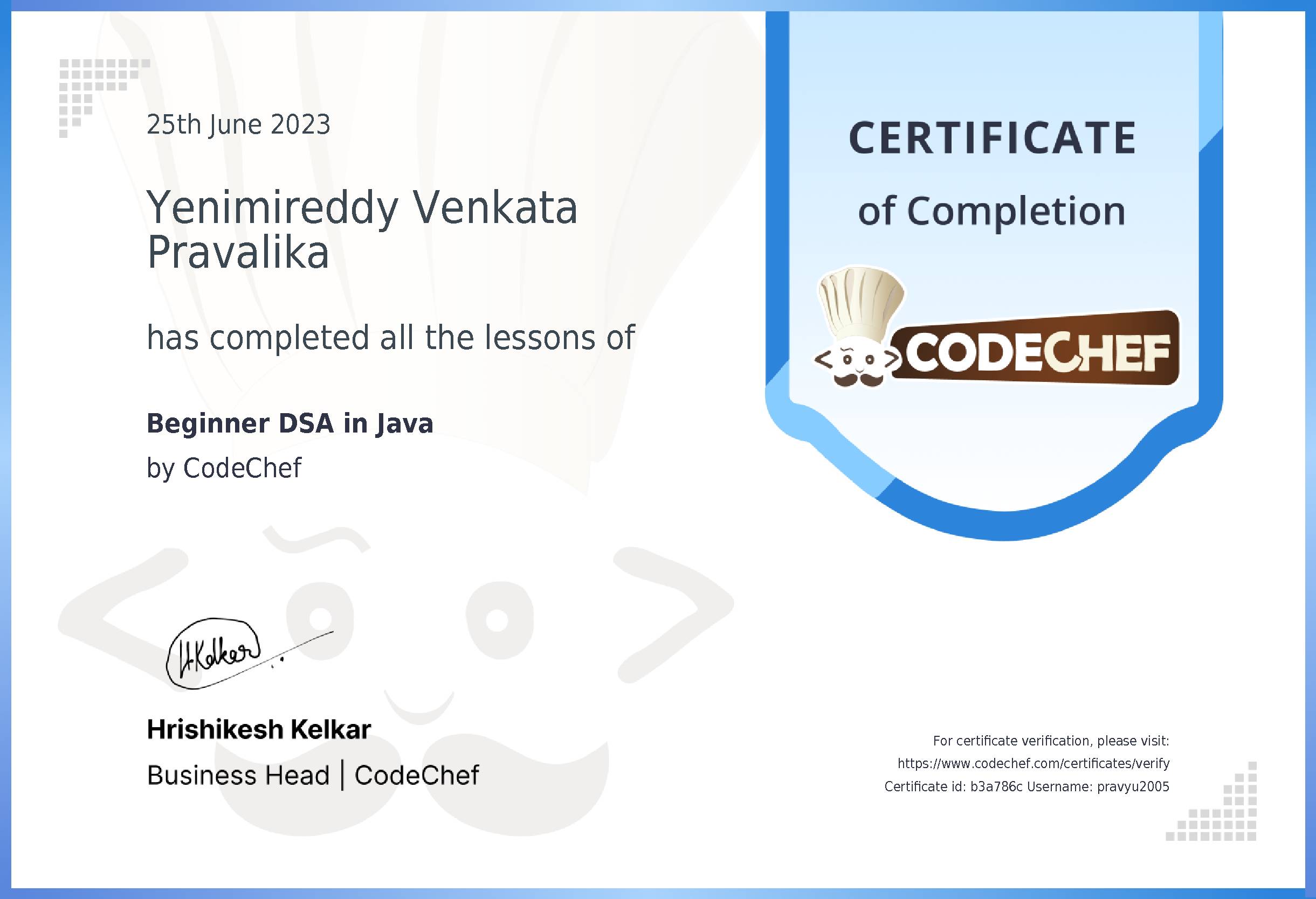 Awarded to Yenimireddy Venkata Pravalika for completing <a href='/learn/course/java-beginner-v2-p2'>Java for problem solving - 2</a>