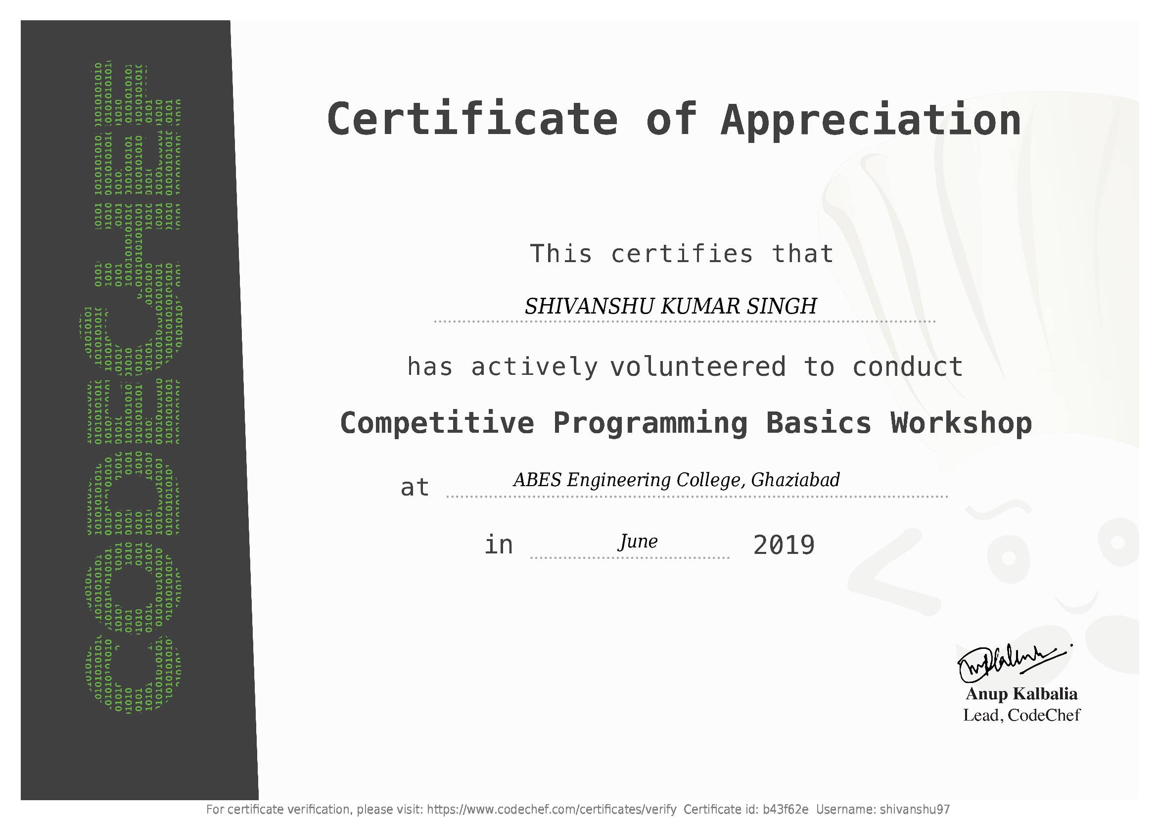 Awarded to SHIVANSHU KUMAR SINGH