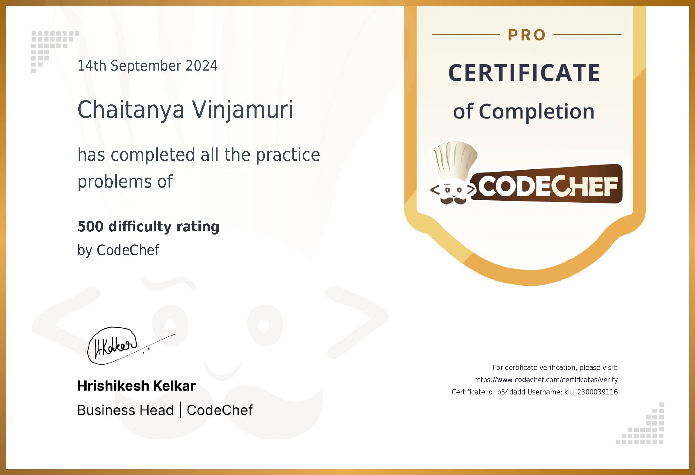 Awarded to Chaitanya Vinjamuri for completing <a href='/practice/basic-programming-concepts'>500 difficulty rating</a>