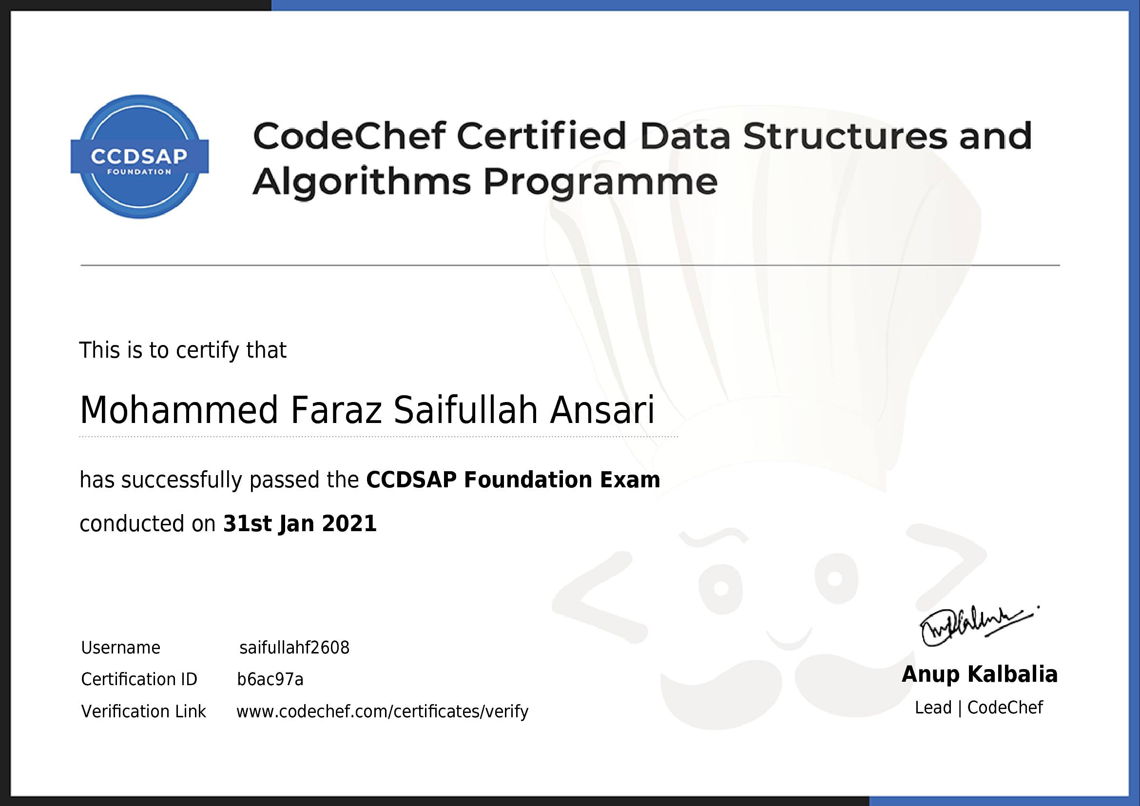 Awarded to Mohammed Faraz Saifullah Ansari