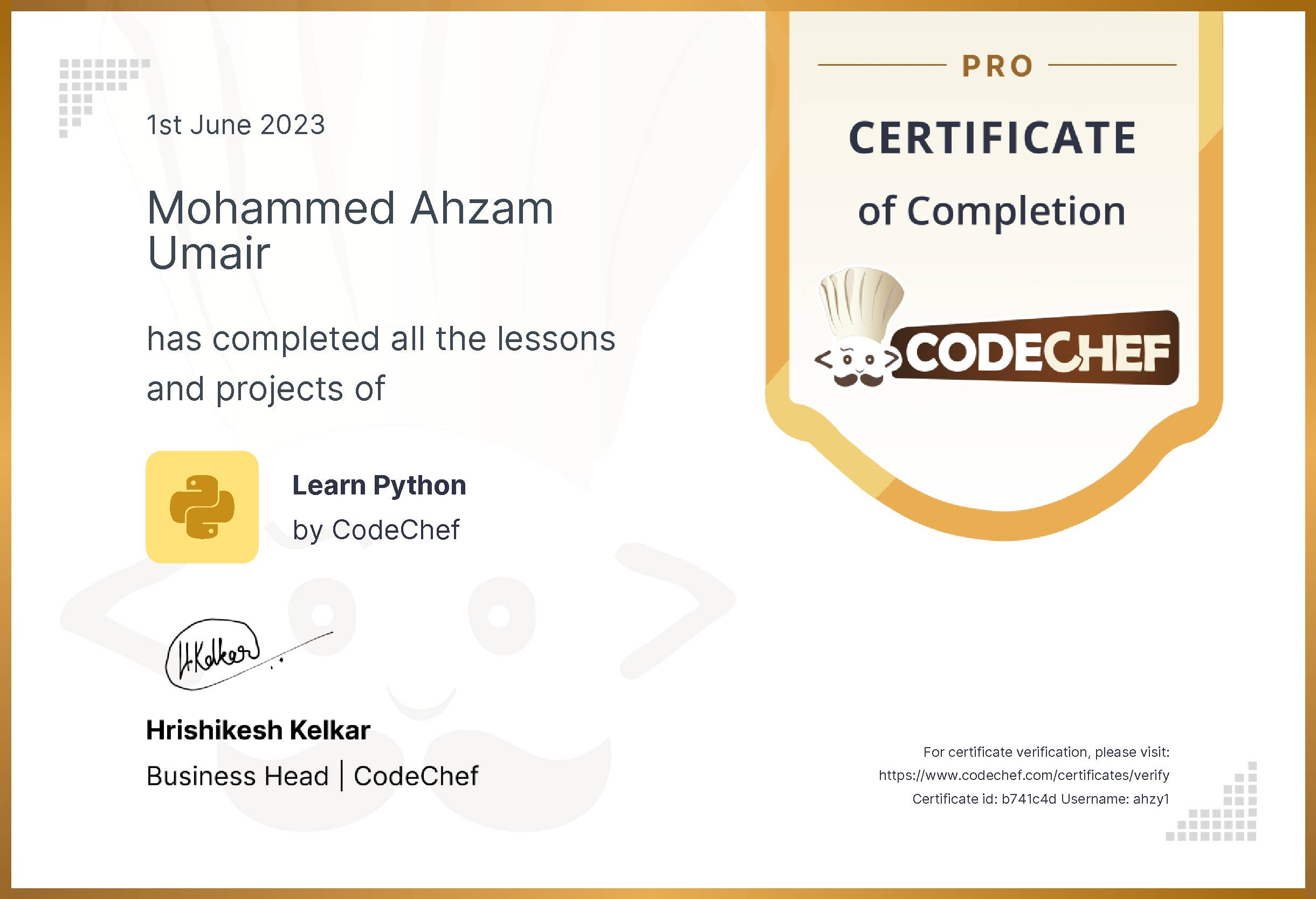 Awarded to Mohammed Ahzam Umair for completing <a href='/learn/course/python-old'>Learn Python - Pro</a>