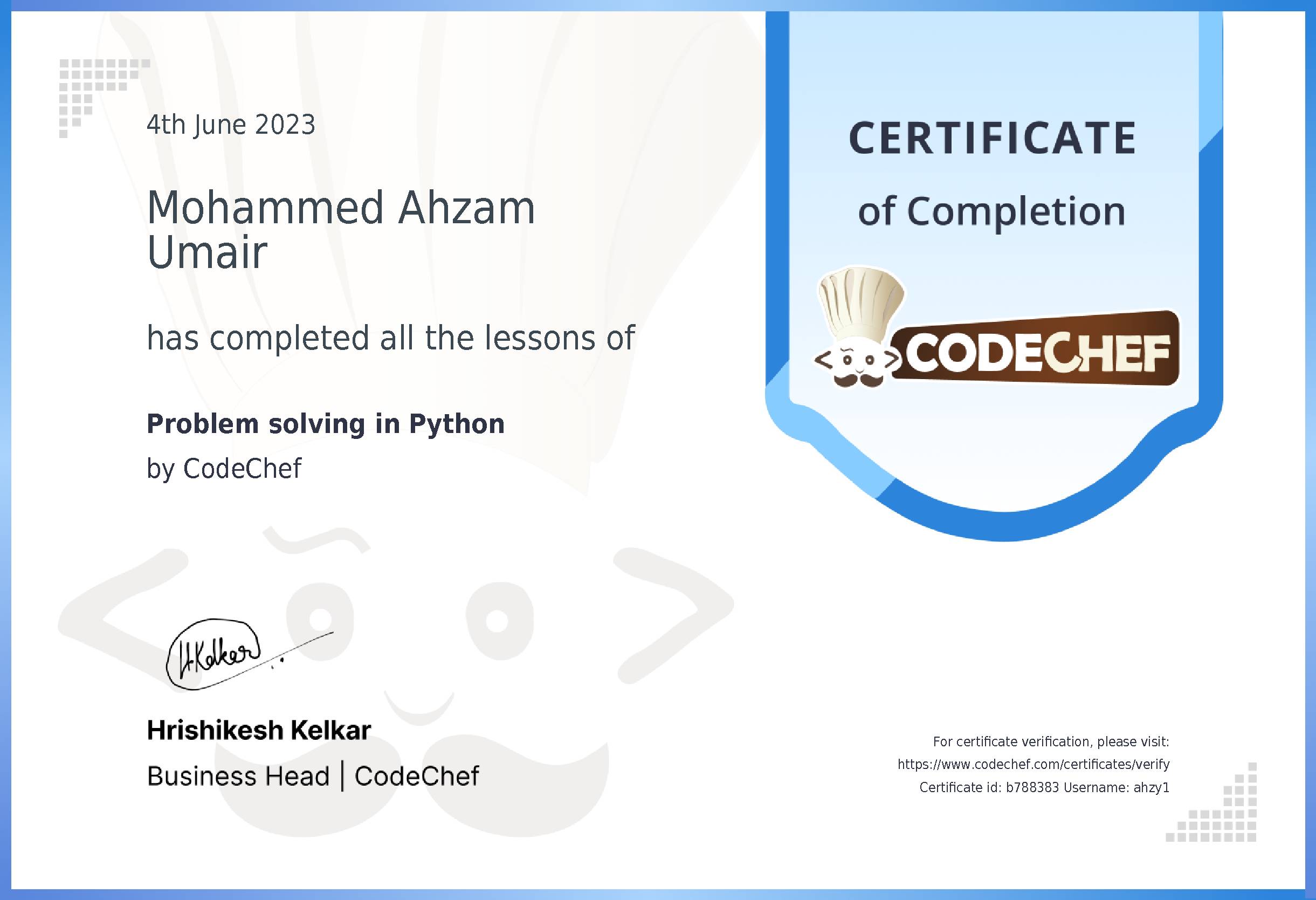 Awarded to Mohammed Ahzam Umair for completing <a href='/learn/course/python-beginner-v2-p1'>Python for problem solving - 1</a>