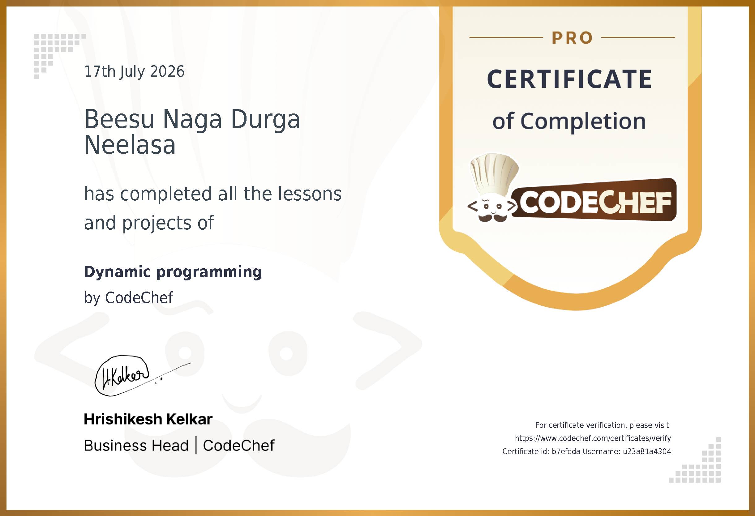 Awarded to Beesu Naga Durga Neelasa for completing <a href='/learn/course/dynamic-programming-new'>Dynamic programming</a>
