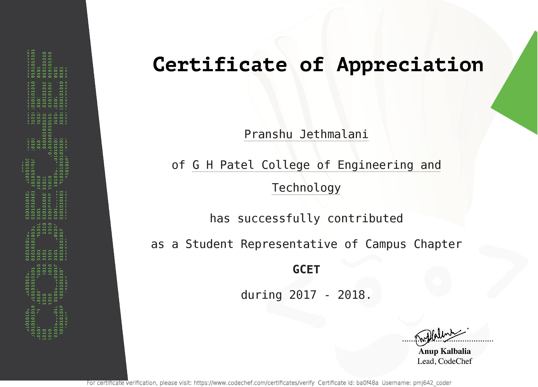 Awarded to Pranshu Jethmalani