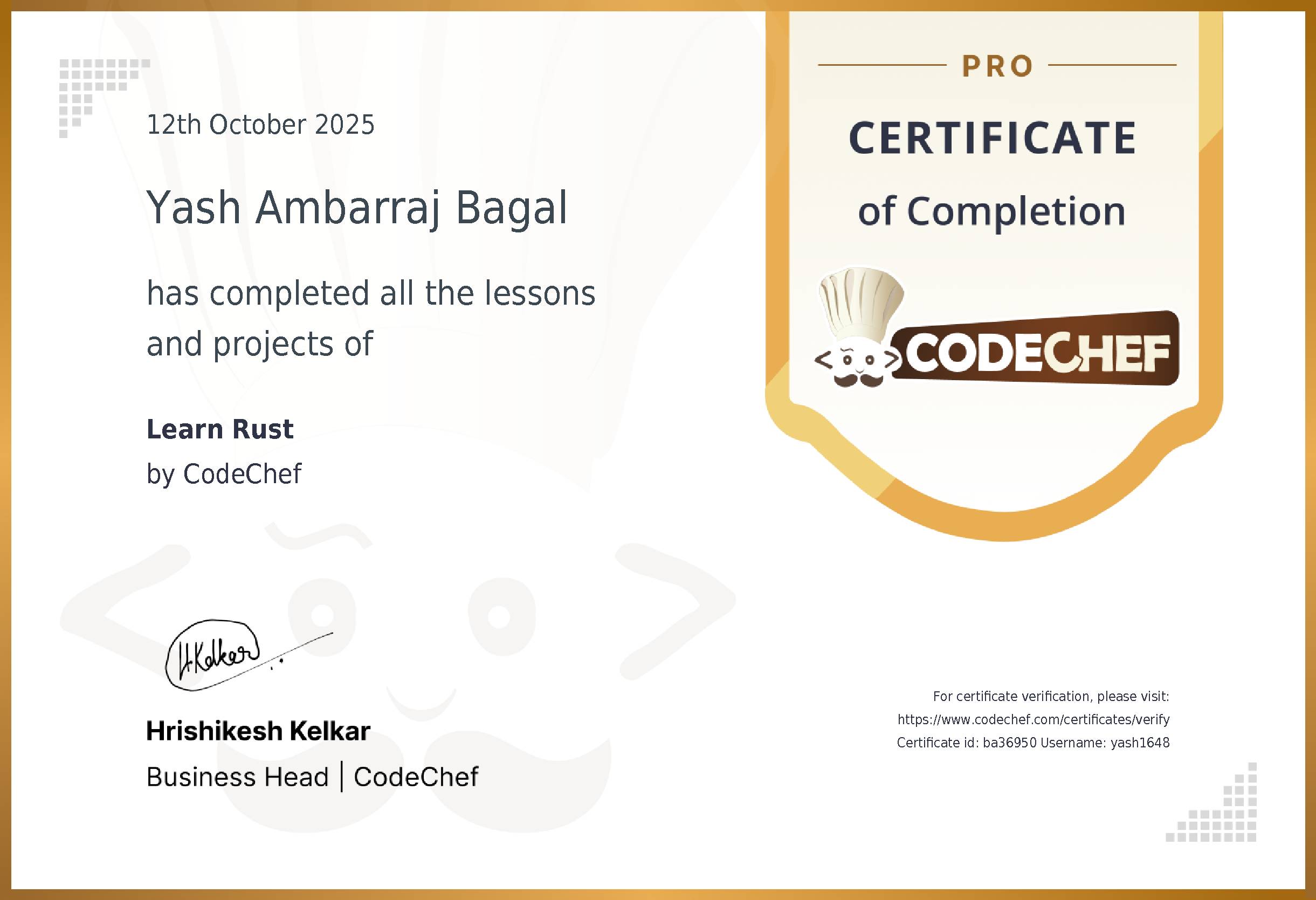 Awarded to Yash Ambarraj Bagal for completing <a href='/learn/course/rust'>Learn Rust</a>