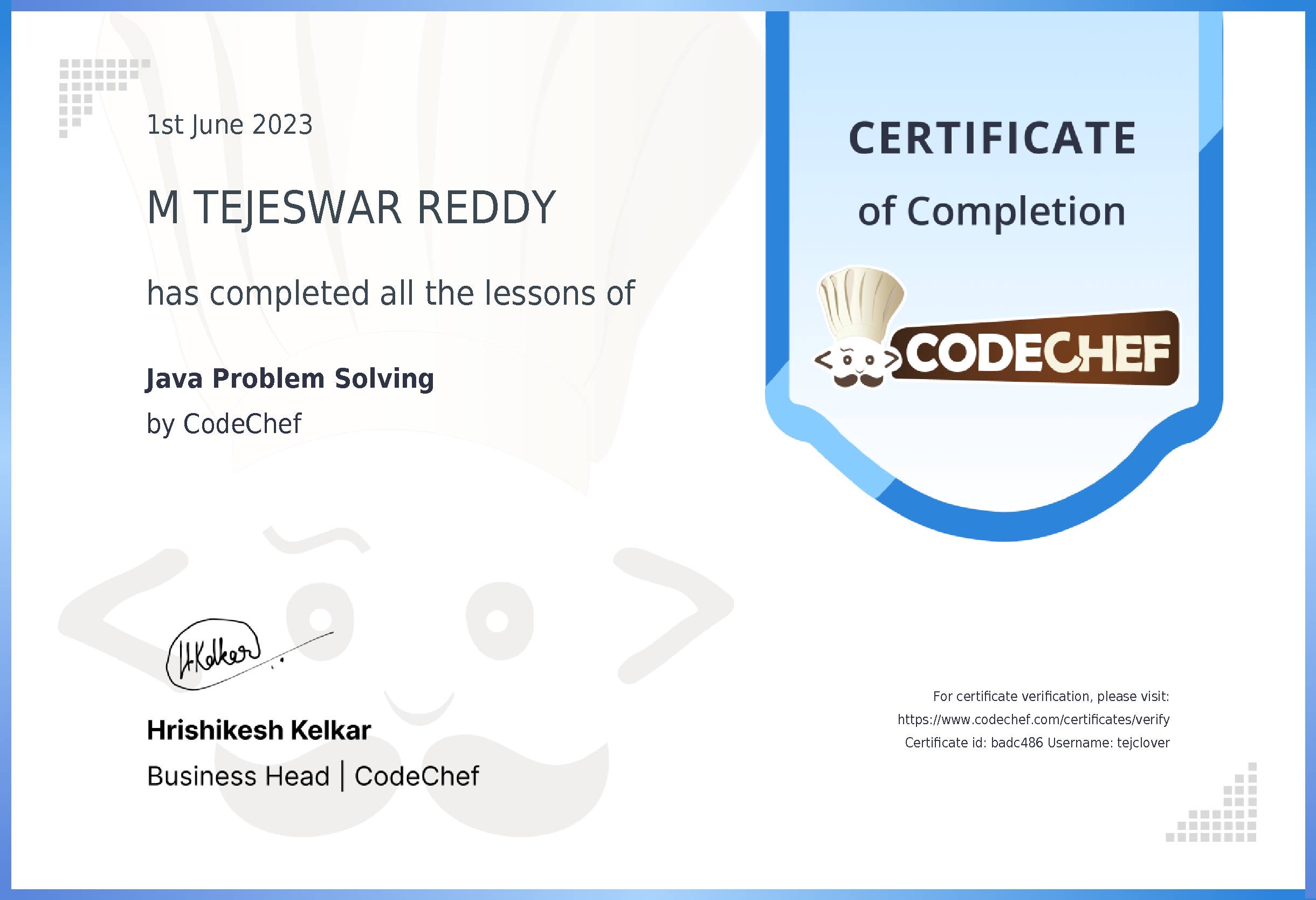 Awarded to M TEJESWAR REDDY for completing <a href='/learn/course/java-beginner-v2-p1'>Java for problem solving - 1</a>
