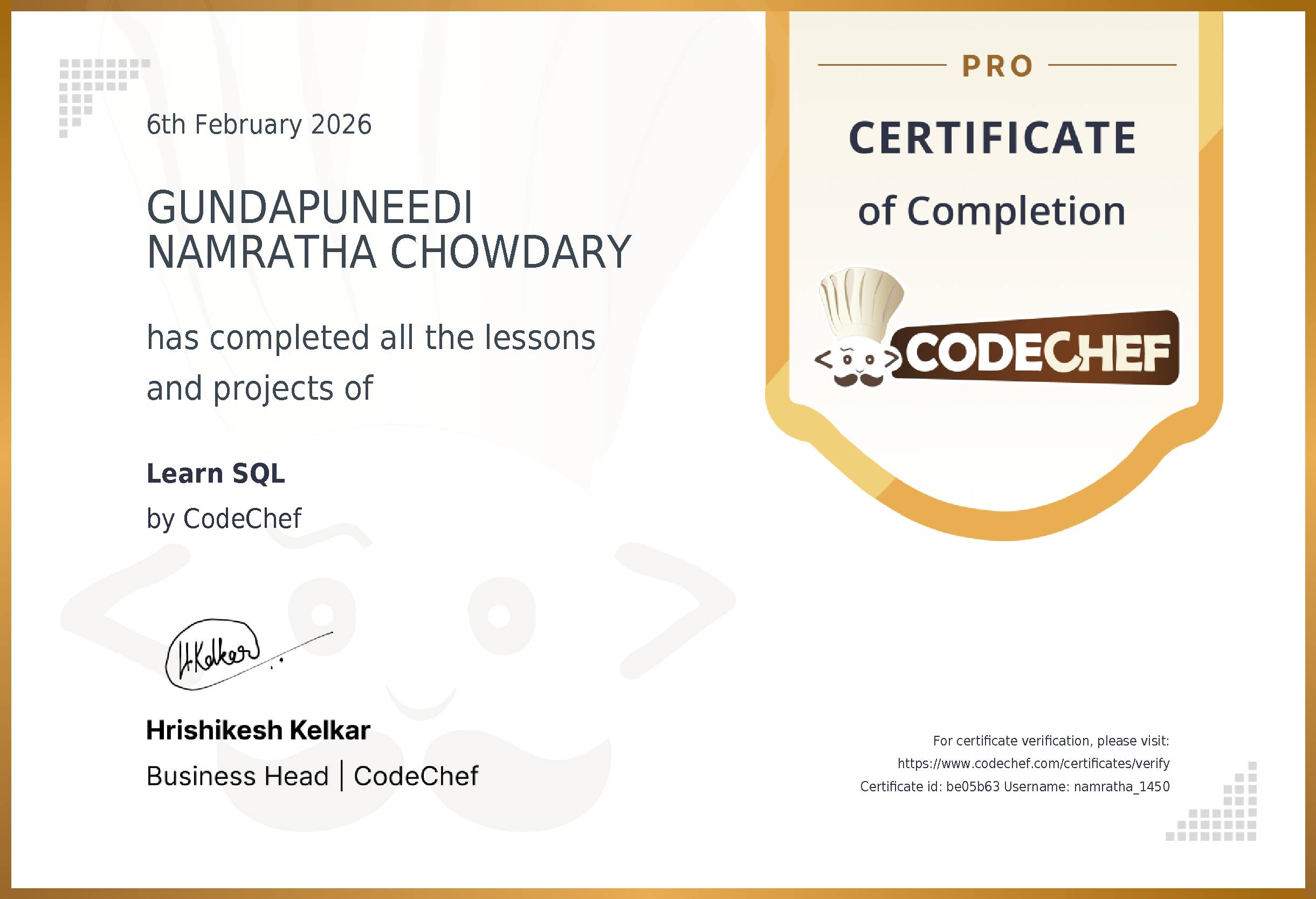 Awarded to GUNDAPUNEEDI NAMRATHA CHOWDARY for completing <a href='/learn/course/sql'>Learn SQL</a>