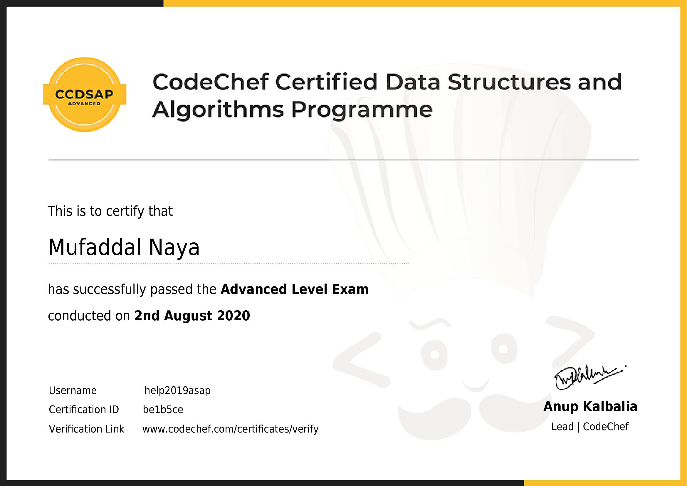 Awarded to Mufaddal Naya