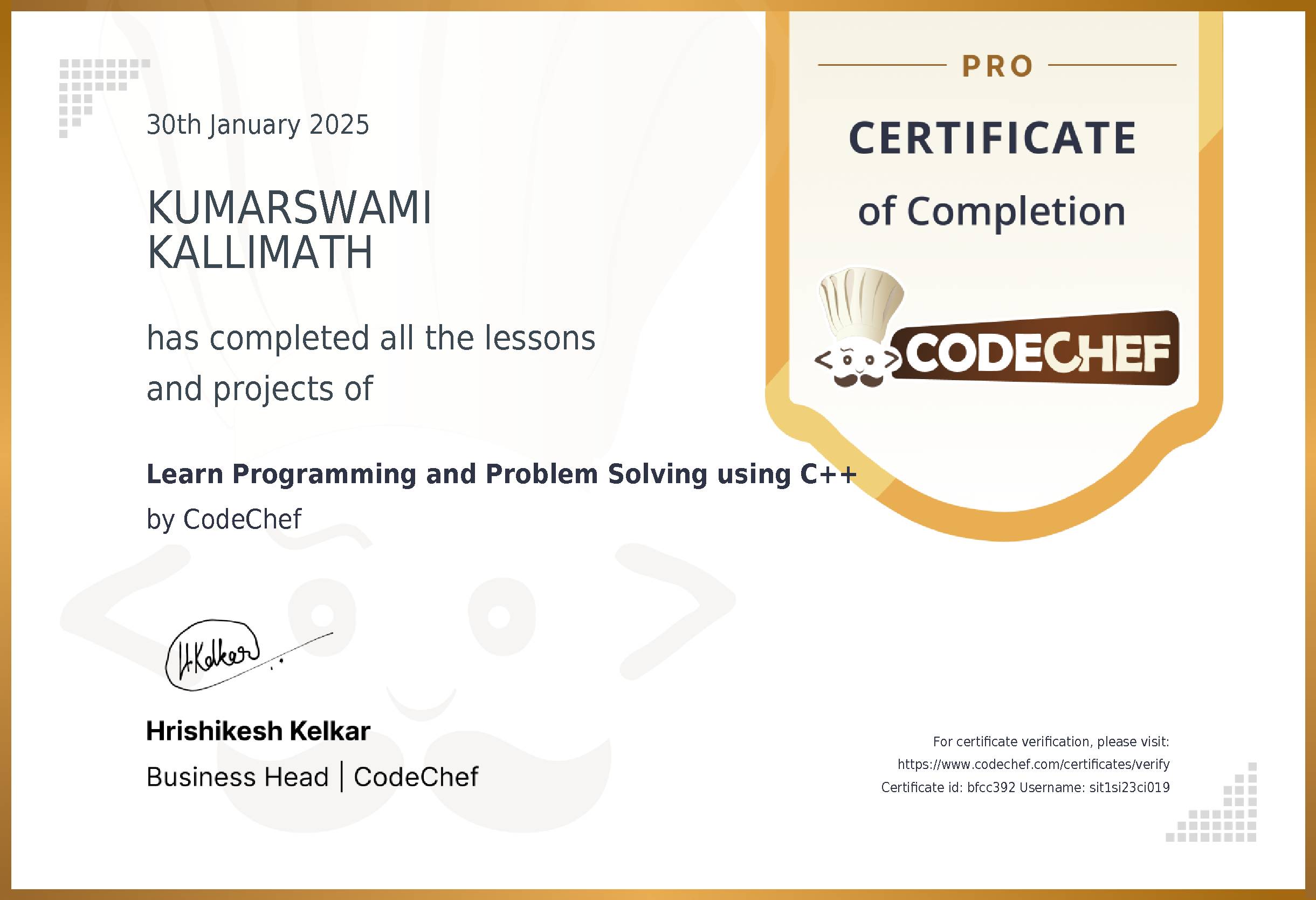 Awarded to KUMARSWAMI KALLIMATH for completing <a href='/learn/course/sit-cpp-fall'>Learn Programming and Problem Solving using C++</a>