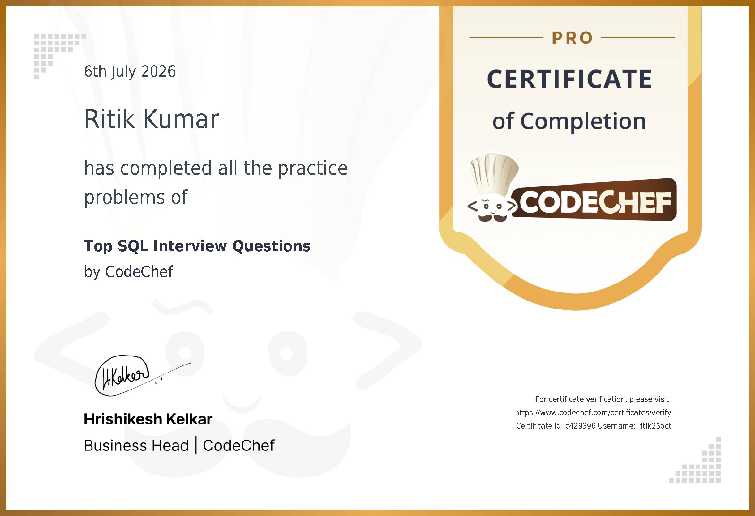 Awarded to Ritik Kumar for completing <a href='/practice/sql-interview-questions'>Top SQL Interview Questions</a>
