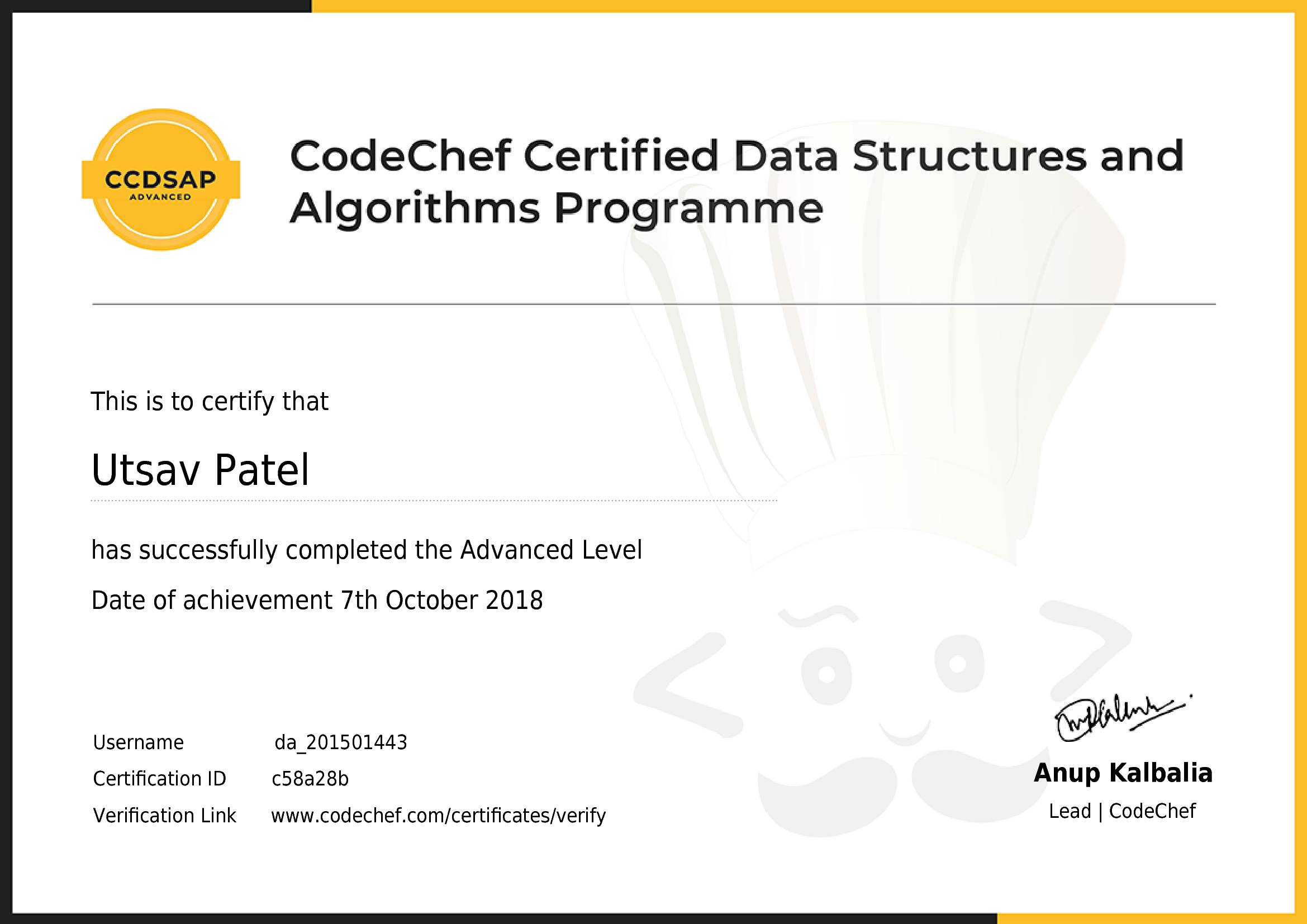 Awarded to Utsav Patel