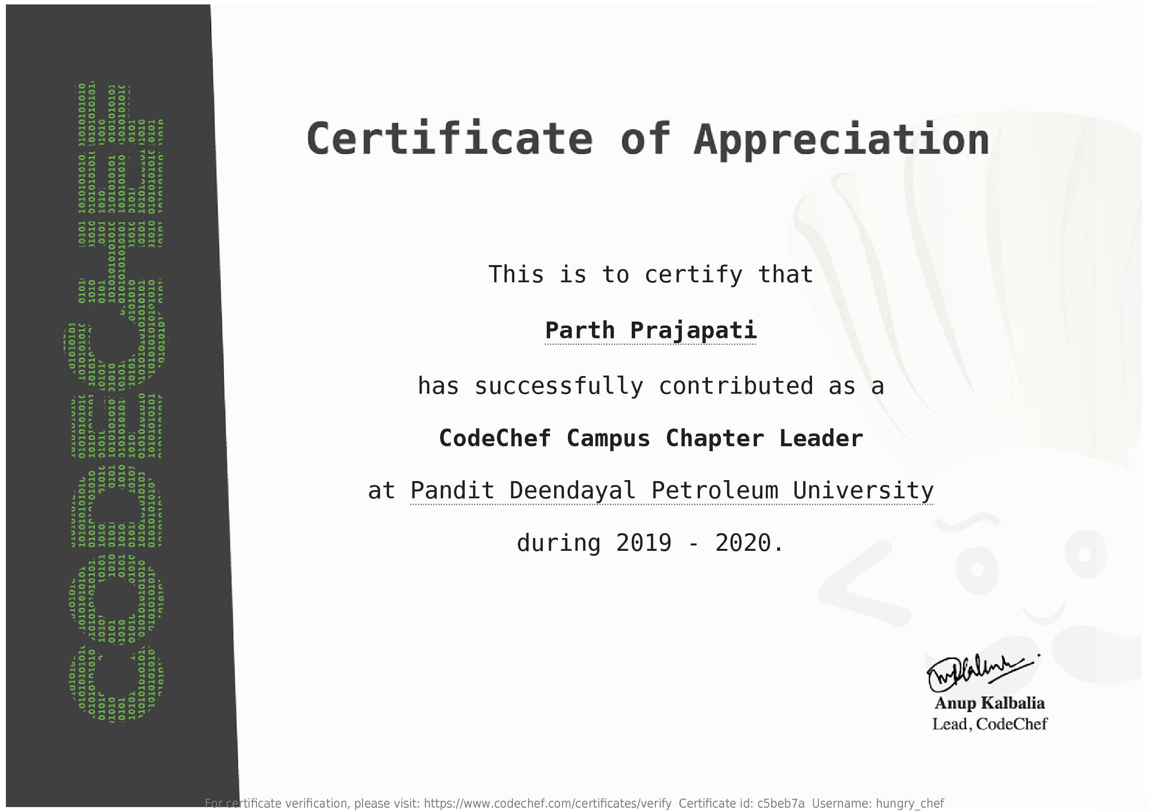 Awarded to Parth Prajapati