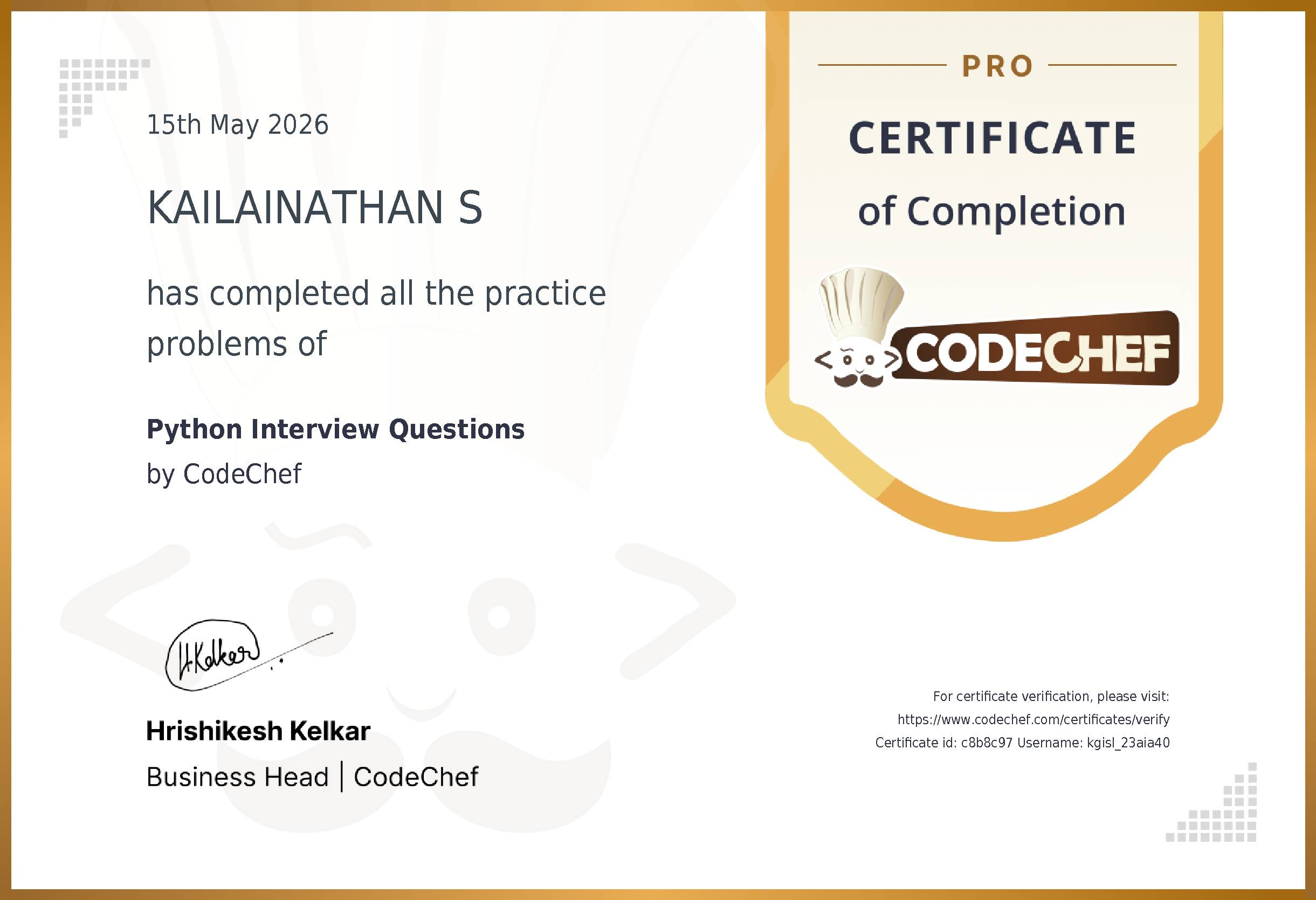 Awarded to KAILAINATHAN S for completing <a href='/practice/python-interview-questions'>Python Interview Questions</a>