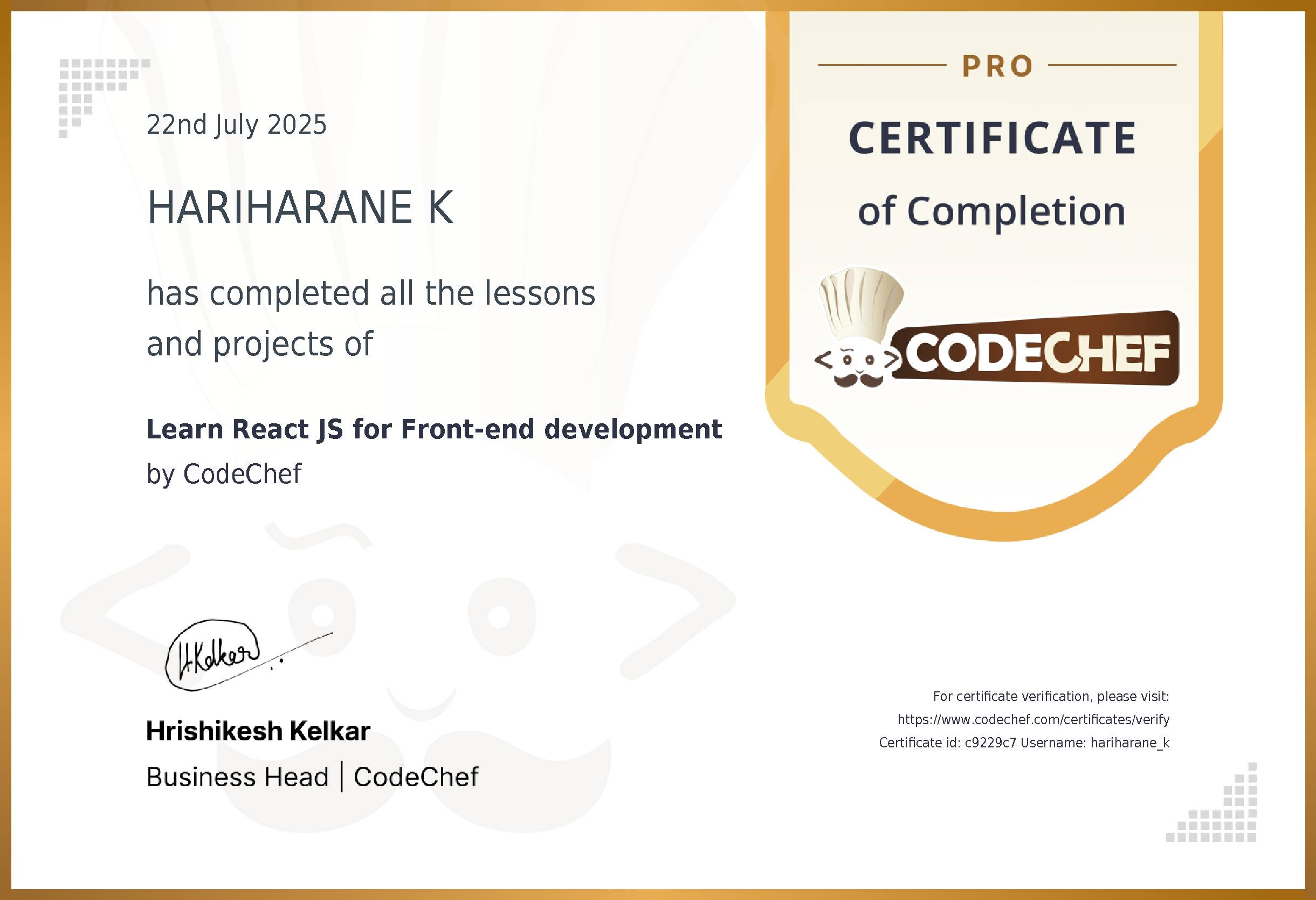 Awarded to HARIHARANE K for completing <a href='/learn/course/react-js'>Learn React JS for Front-end development</a>