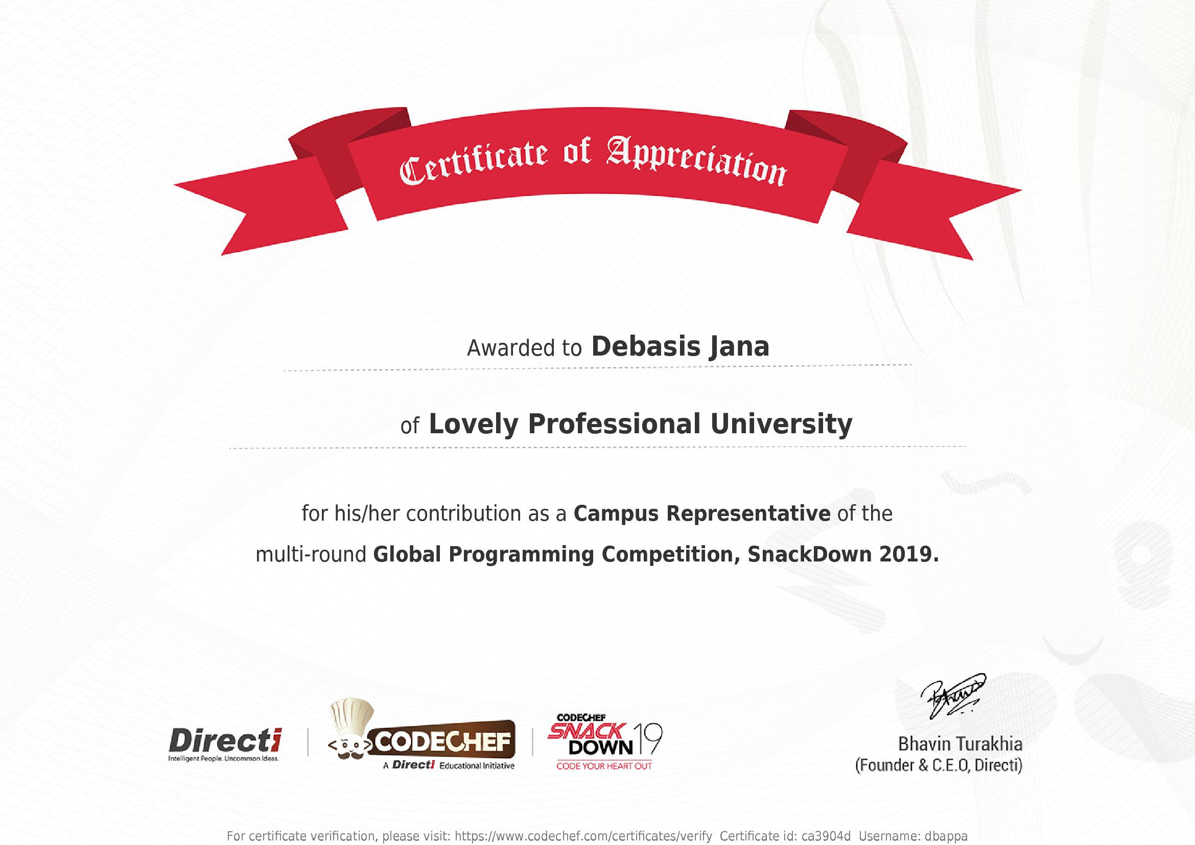 Awarded to Debasis Jana