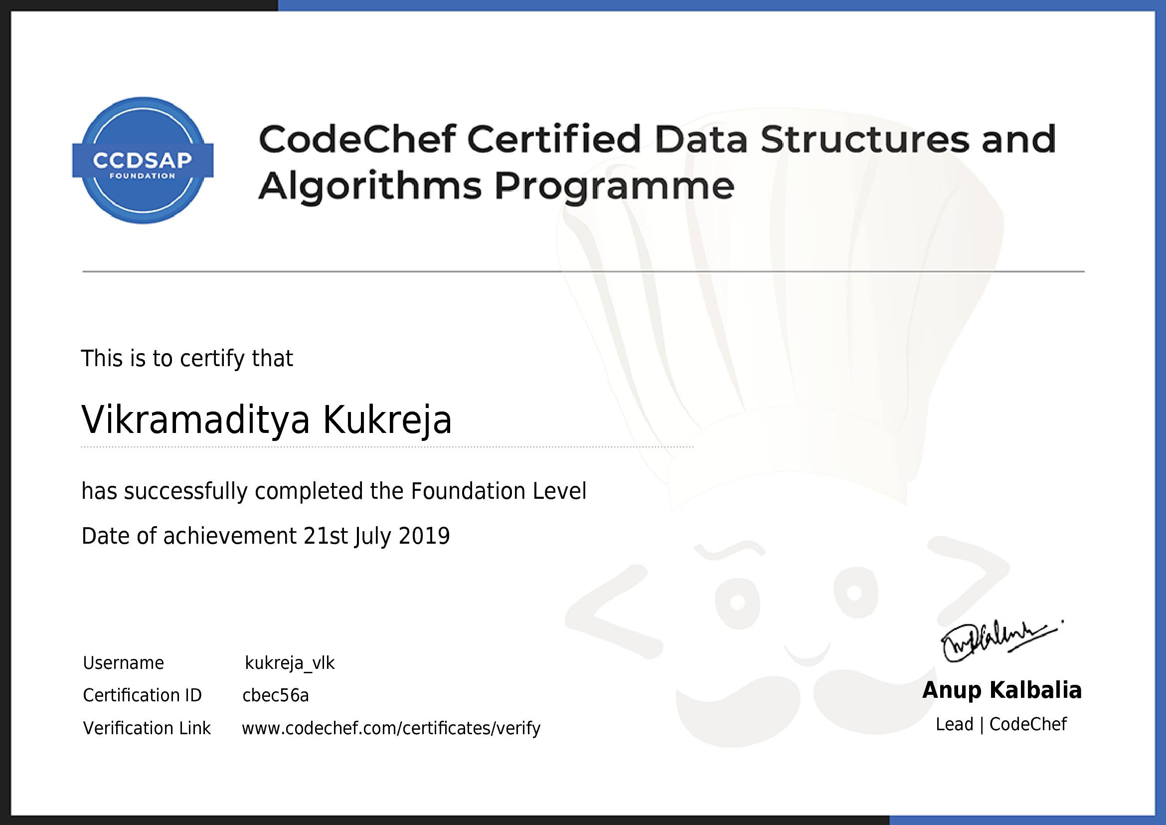 Awarded to Vikramaditya Kukreja