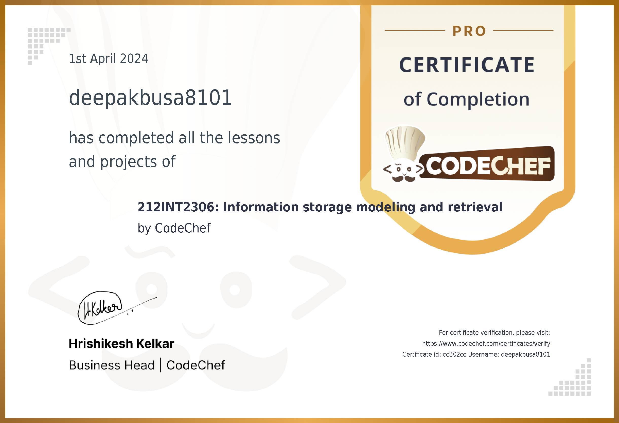 Awarded to deepakbusa8101 for completing <a href='/learn/course/kl-dbms-it'>212INT2306: Information storage modeling and retrieval</a>