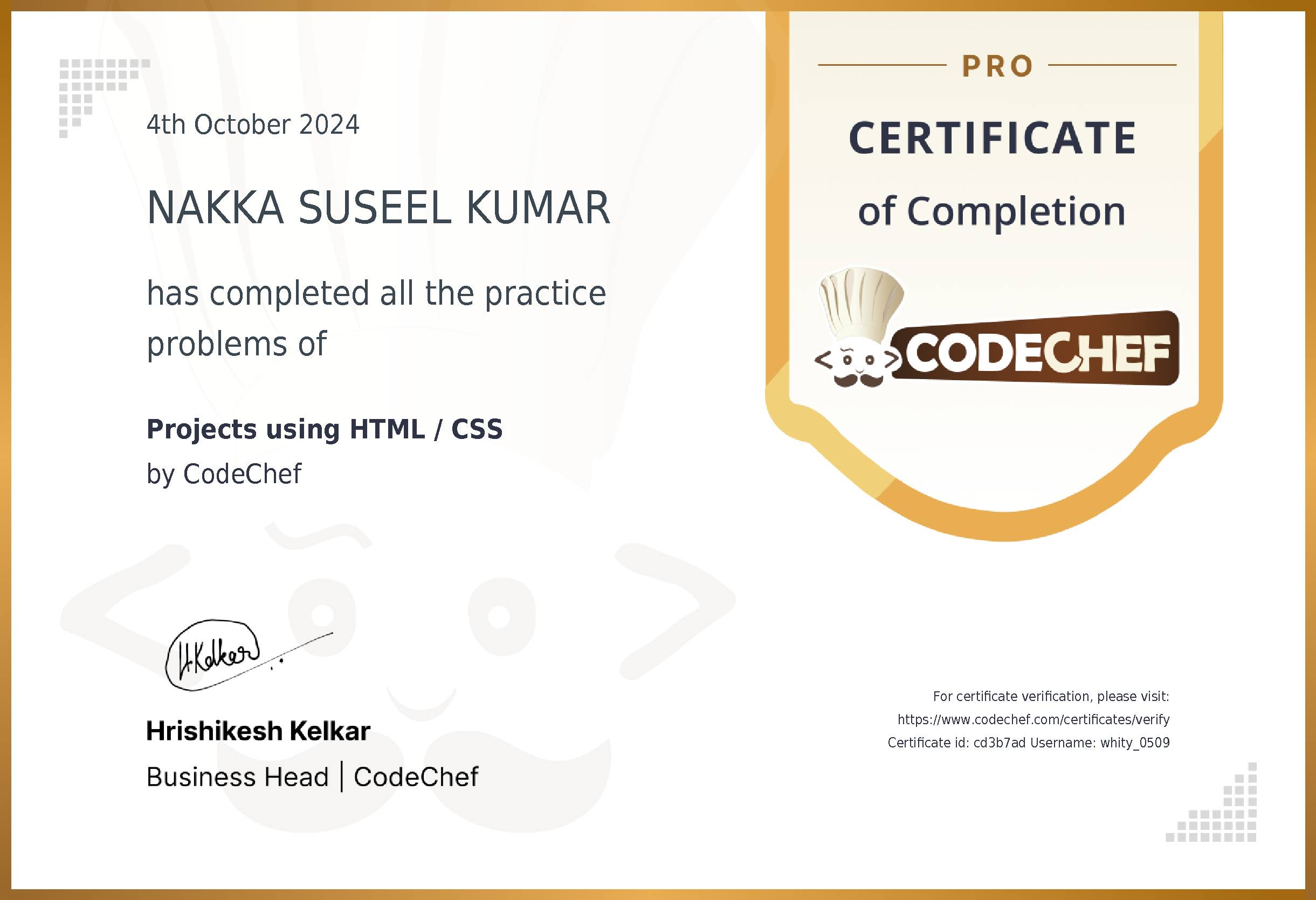 Awarded to NAKKA SUSEEL KUMAR for completing <a href='/practice/html'>Projects using HTML / CSS</a>