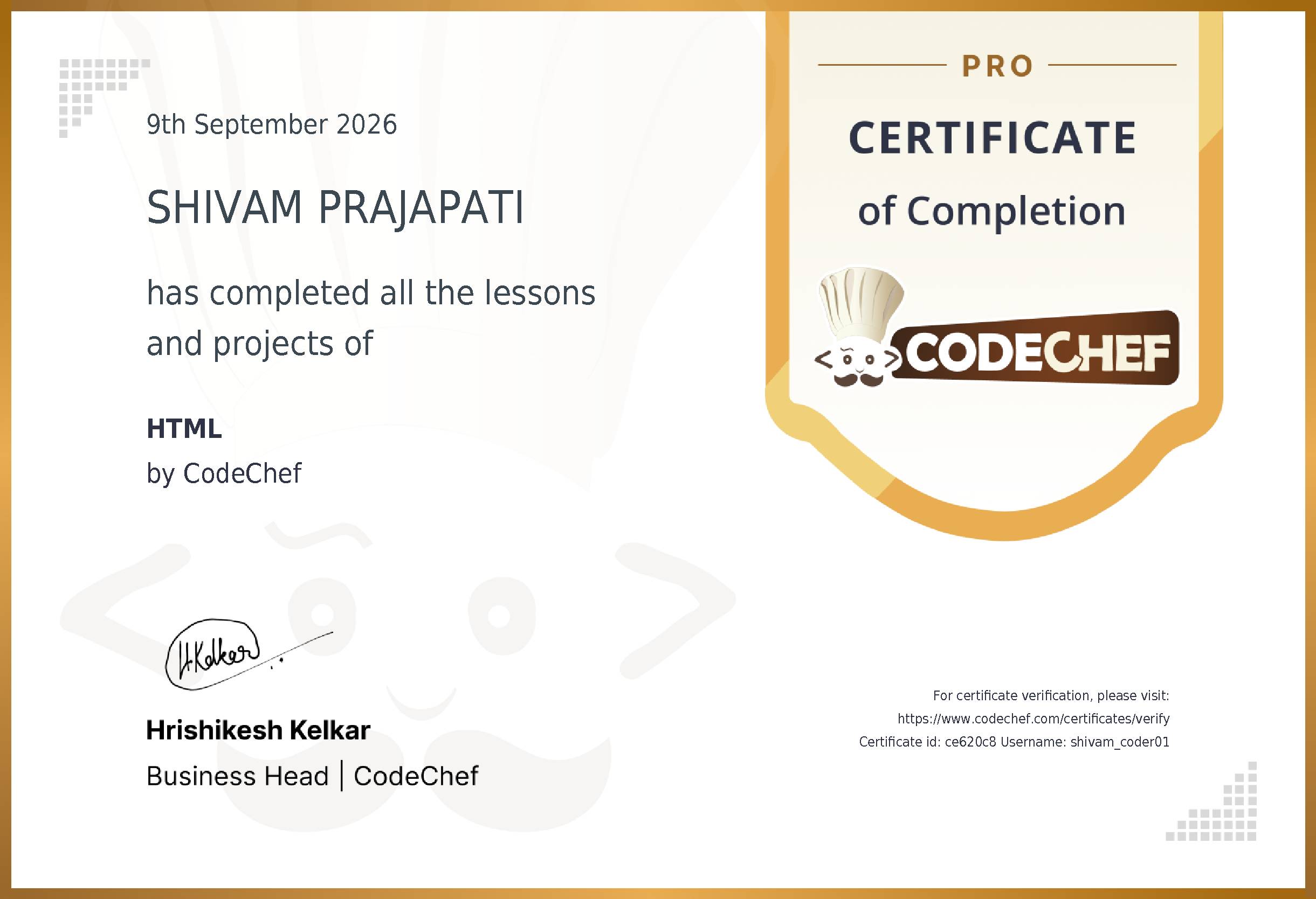 Awarded to SHIVAM PRAJAPATI for completing <a href='/learn/course/html'>HTML</a>