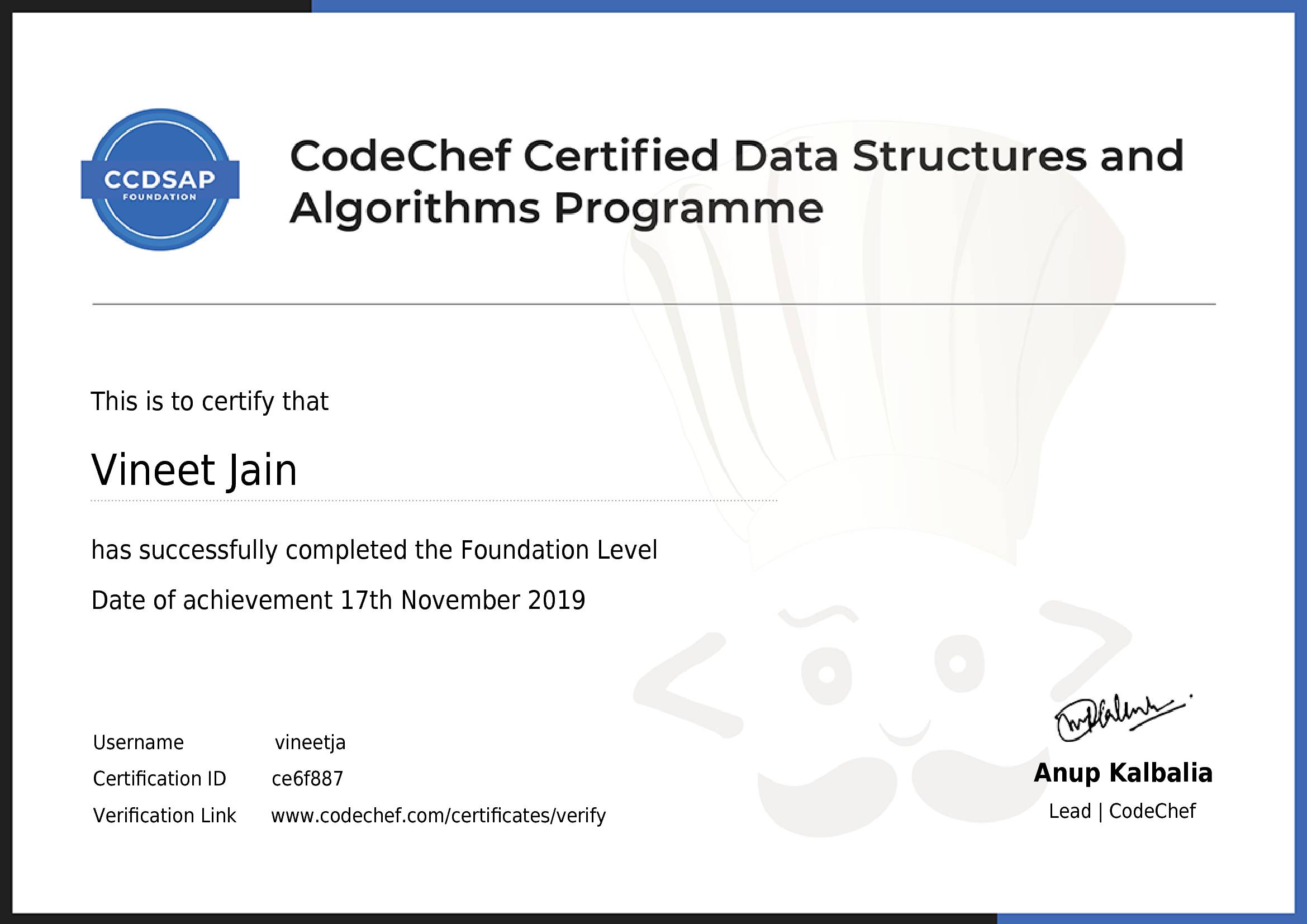 Awarded to Vineet Jain