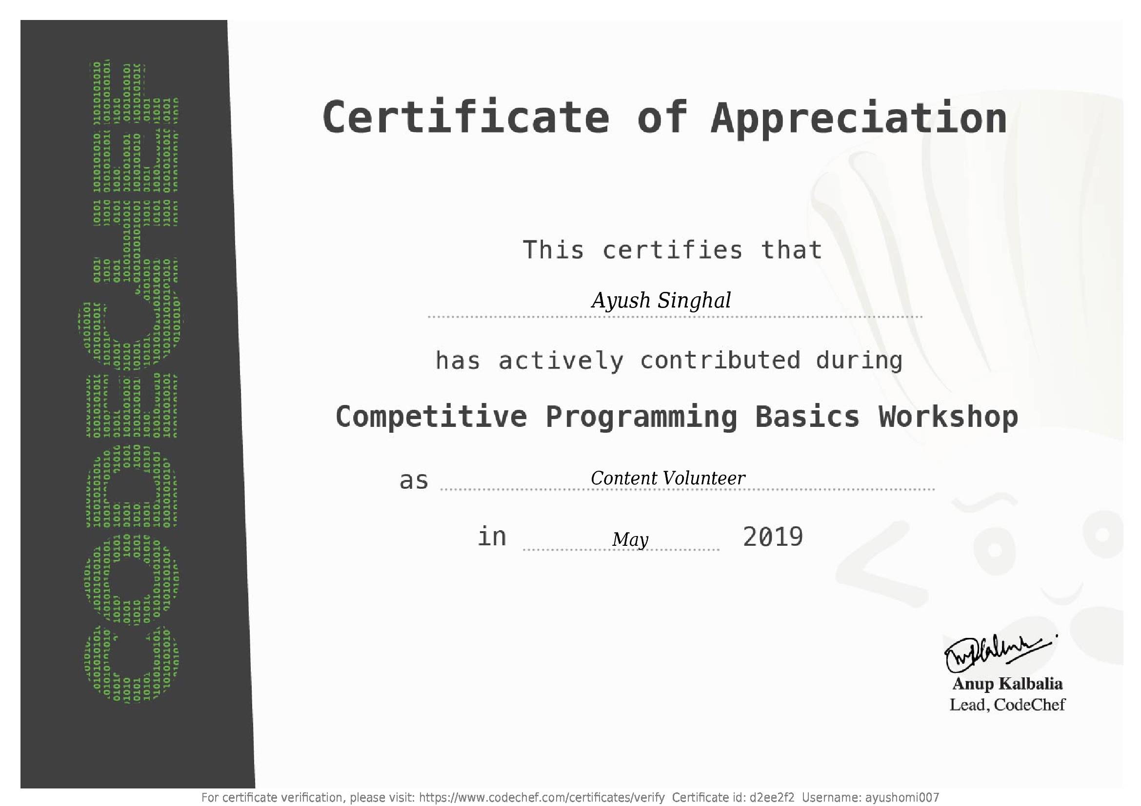 Awarded to Ayush Singhal