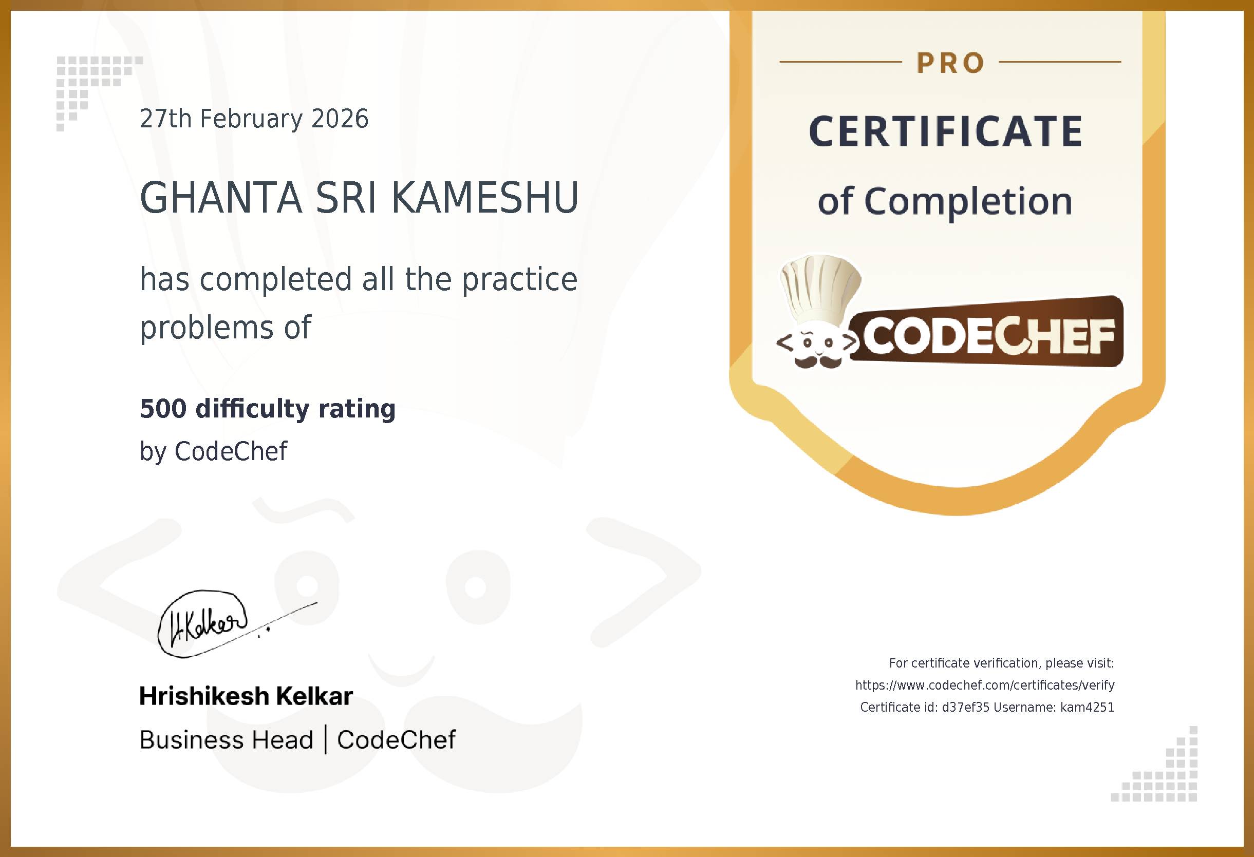 Awarded to GHANTA SRI KAMESHU for completing <a href='/practice/basic-programming-concepts'>500 difficulty rating</a>