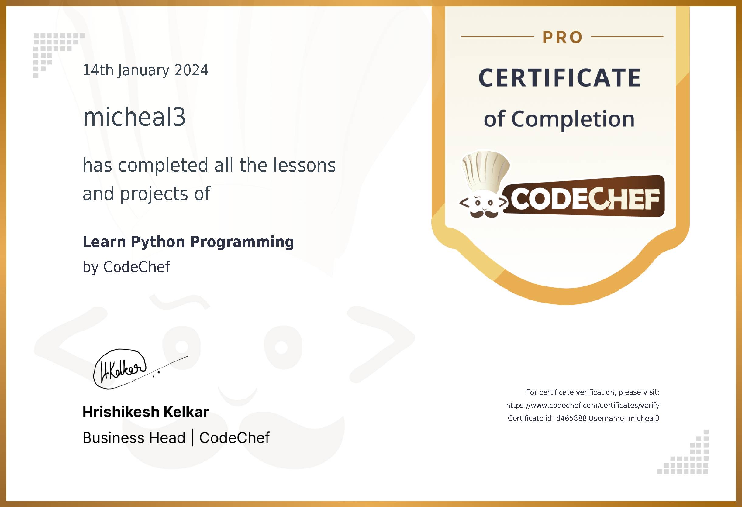 Awarded to micheal3 for completing <a href='/learn/course/python'>Learn Python</a>