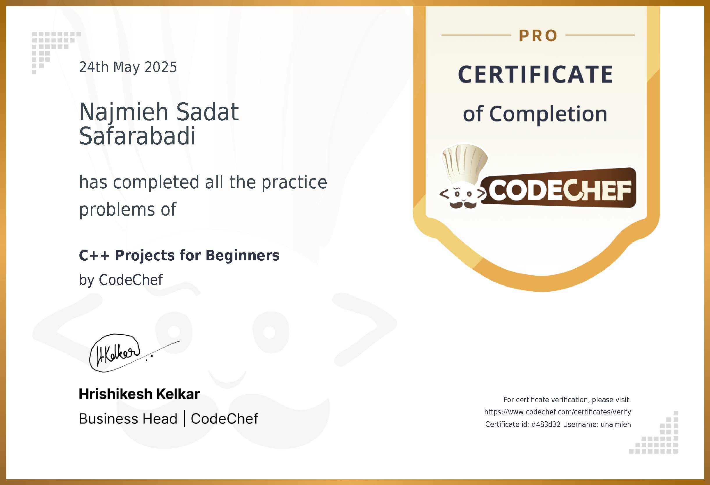 Awarded to Najmieh Sadat Safarabadi for completing <a href='/practice/projects-cpp'>C++ Projects for Beginners</a>