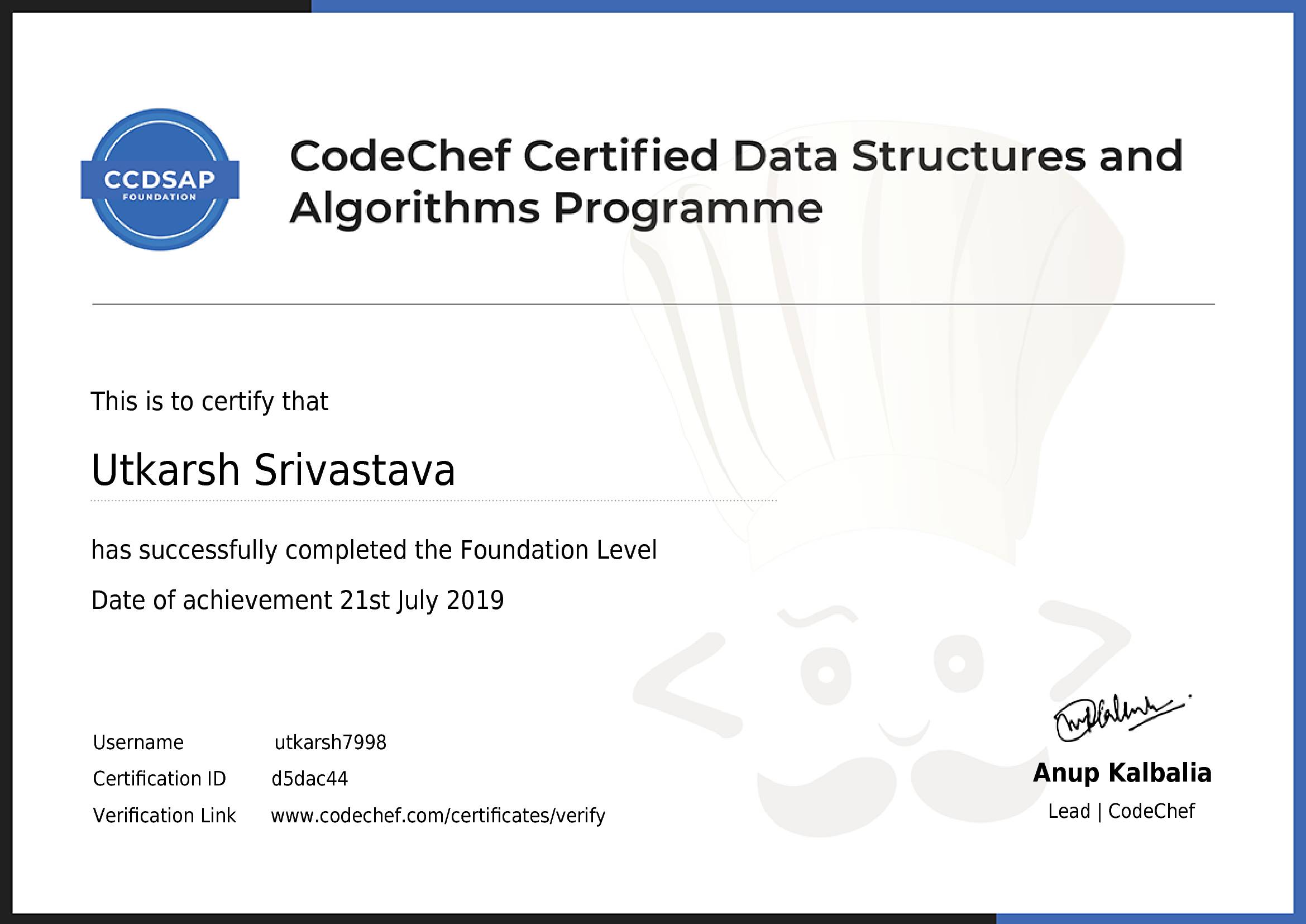 Awarded to Utkarsh Srivastava