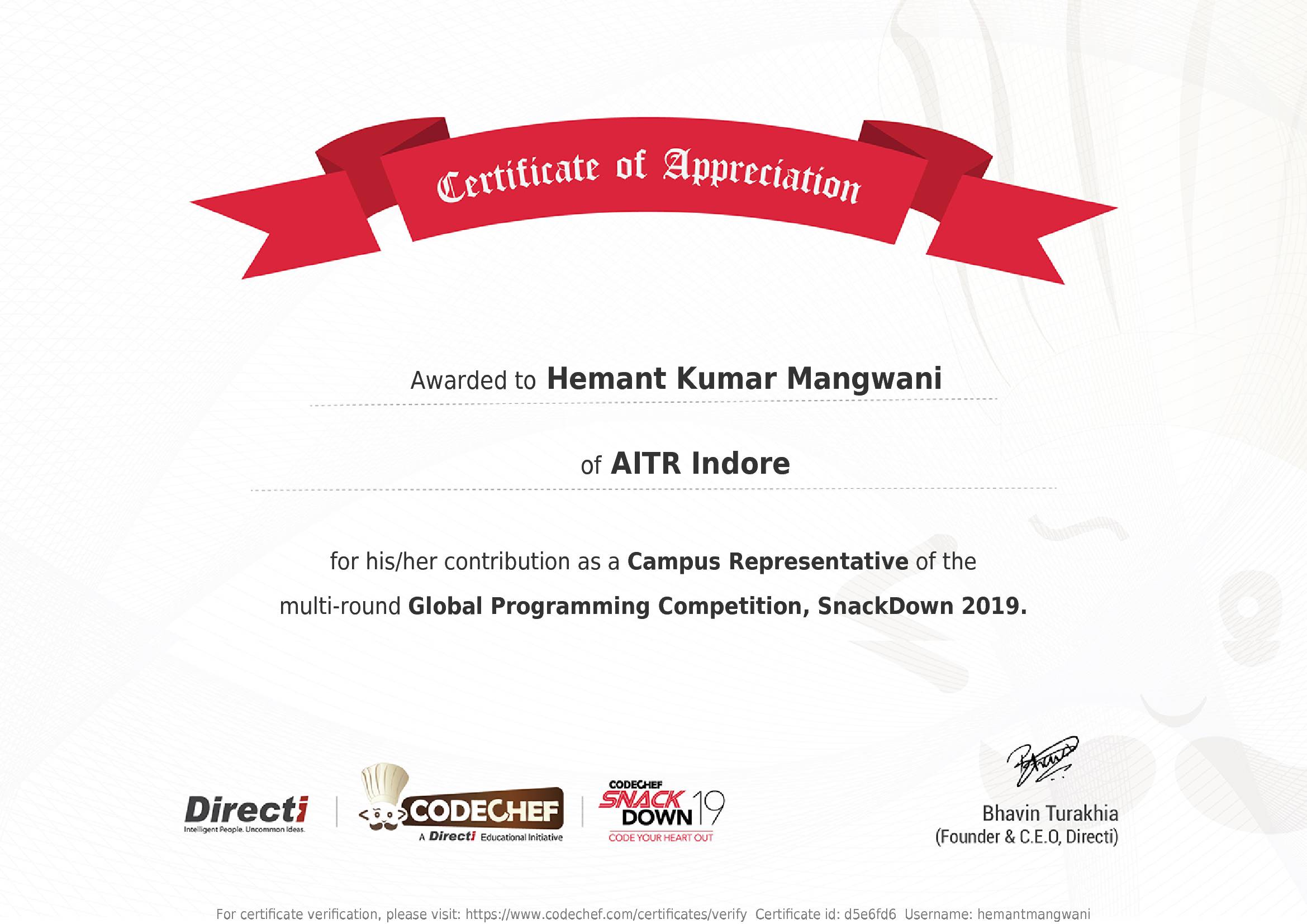 Awarded to Hemant Kumar Mangwani