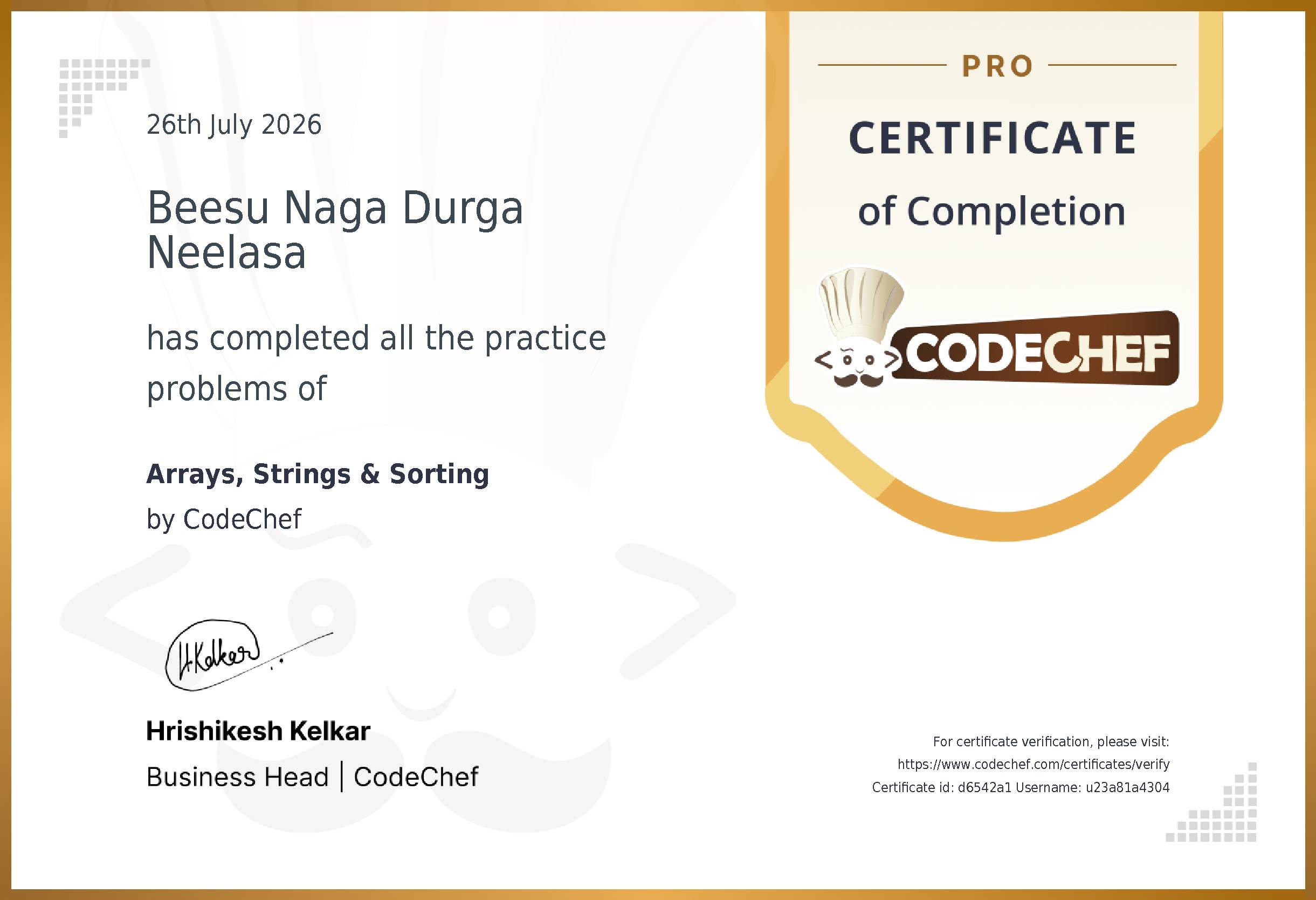 Awarded to Beesu Naga Durga Neelasa for completing <a href='/practice/arrays-strings-sorting'>Arrays, Strings & Sorting</a>