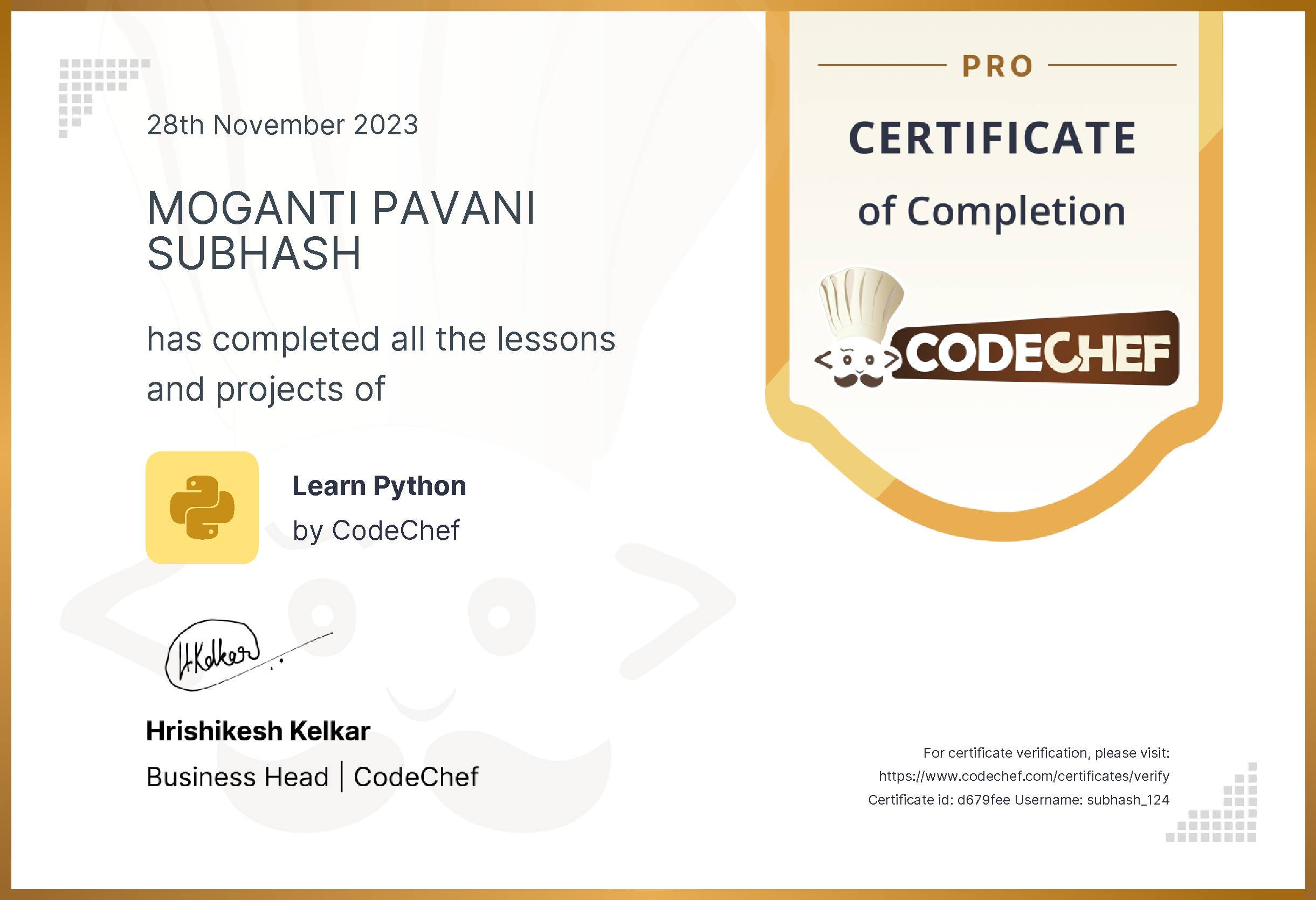 Awarded to MOGANTI PAVANI SUBHASH for completing <a href='/learn/course/python-old'>Learn Python</a>
