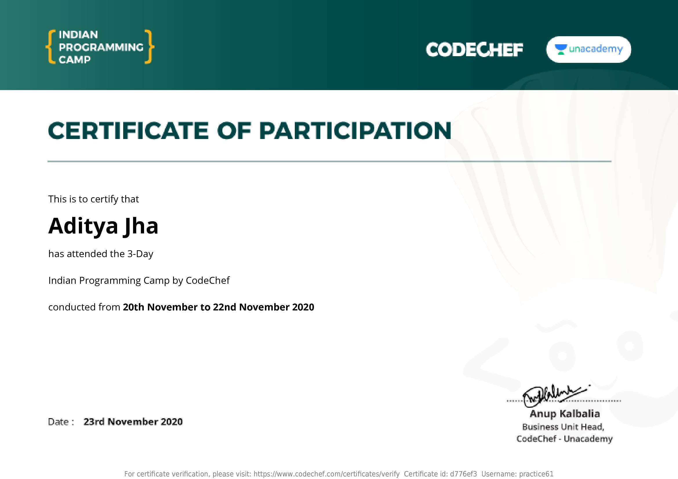 Awarded to Aditya Jha