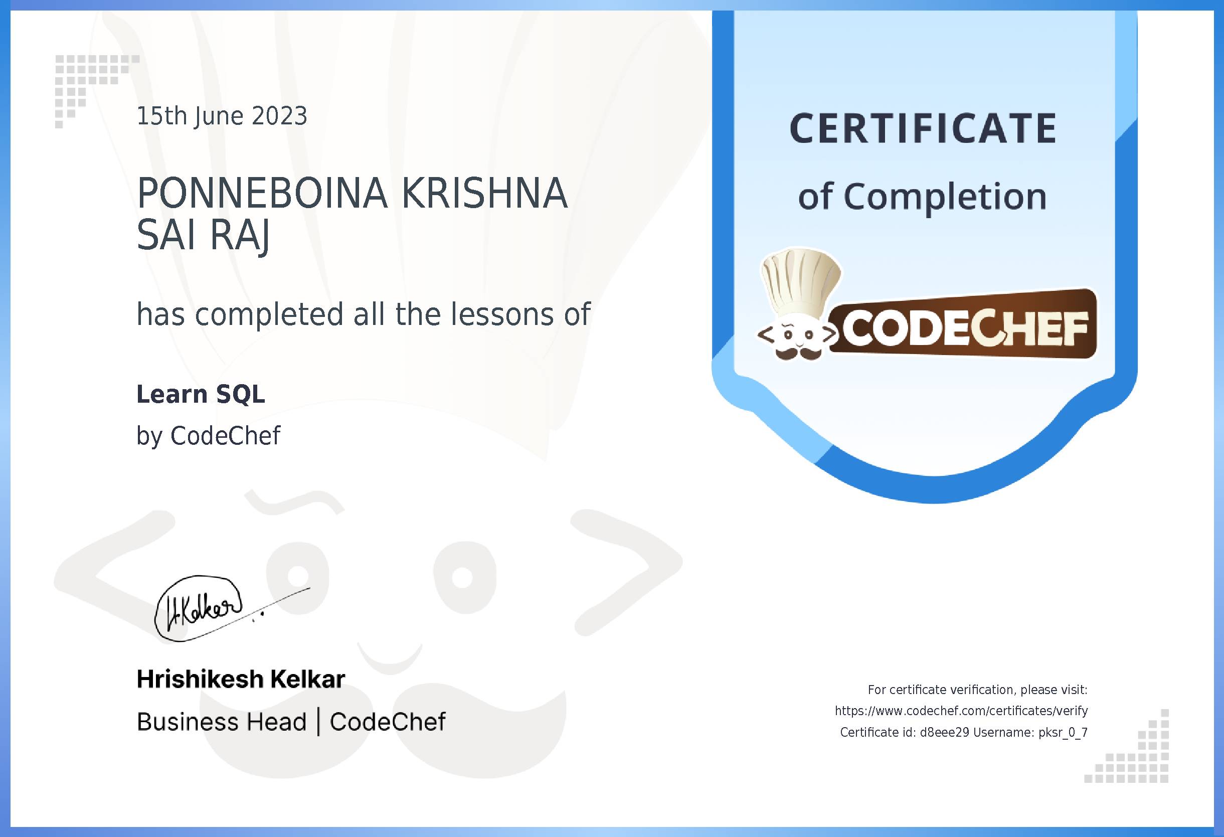 Awarded to PONNEBOINA KRISHNA SAI RAJ for completing <a href='/learn/course/sql'>Learn SQL</a>
