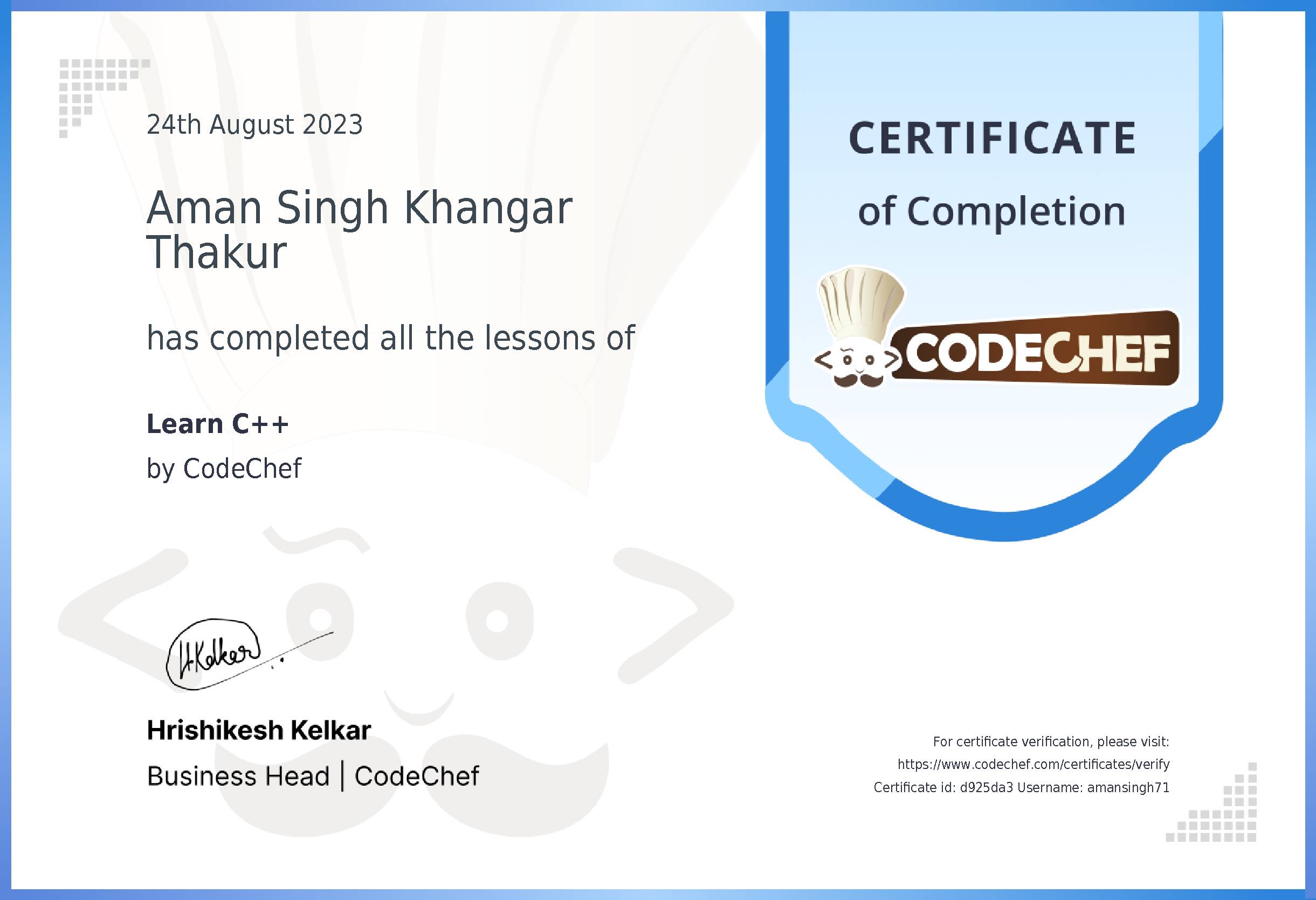 Awarded to Aman Singh Khangar Thakur for completing <a href='/learn/course/cpp'>Learn C++</a>